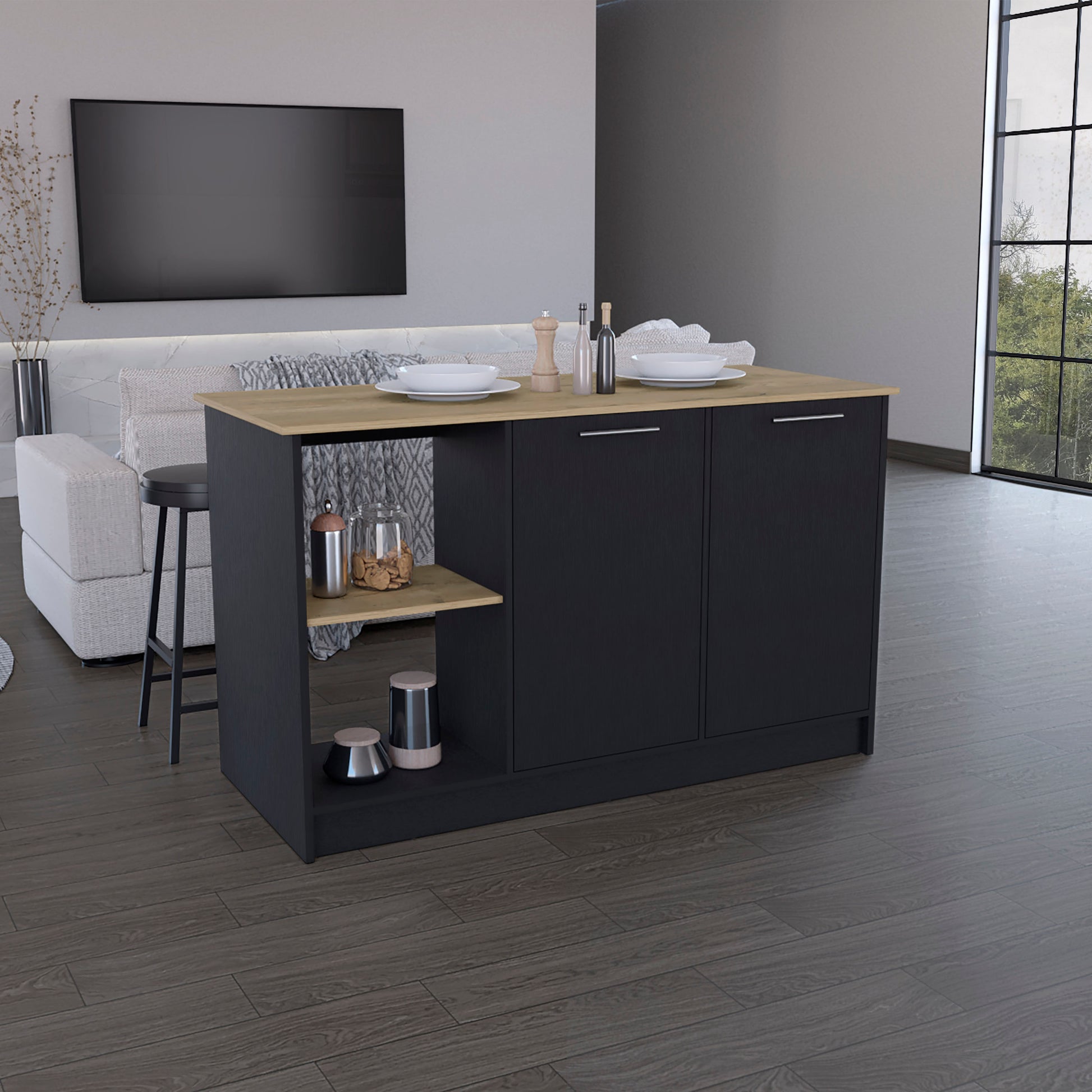 Dark gray kitchen island with natural wood countertop and open shelf
