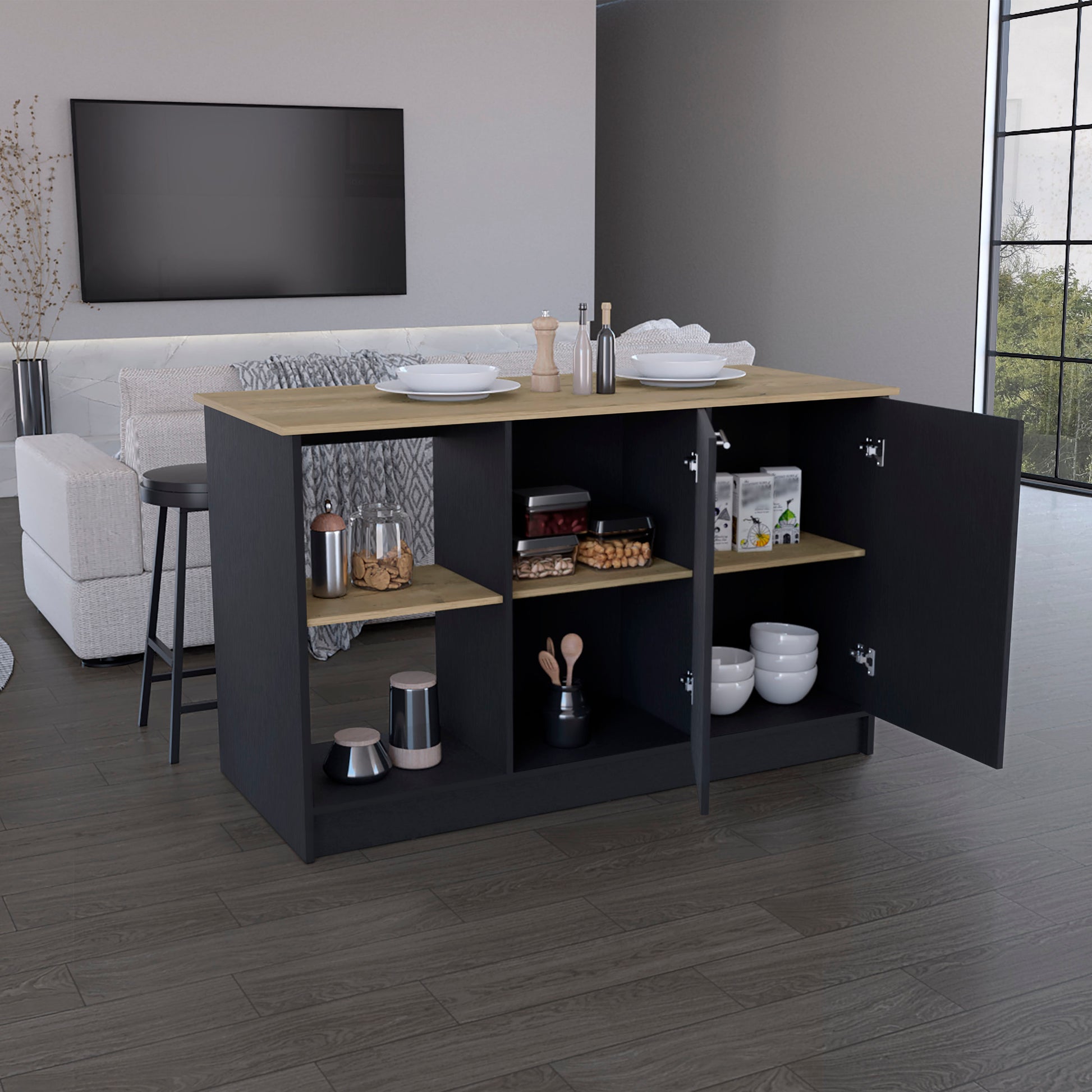Compact kitchen island with dark grey base and woodeffect countertop