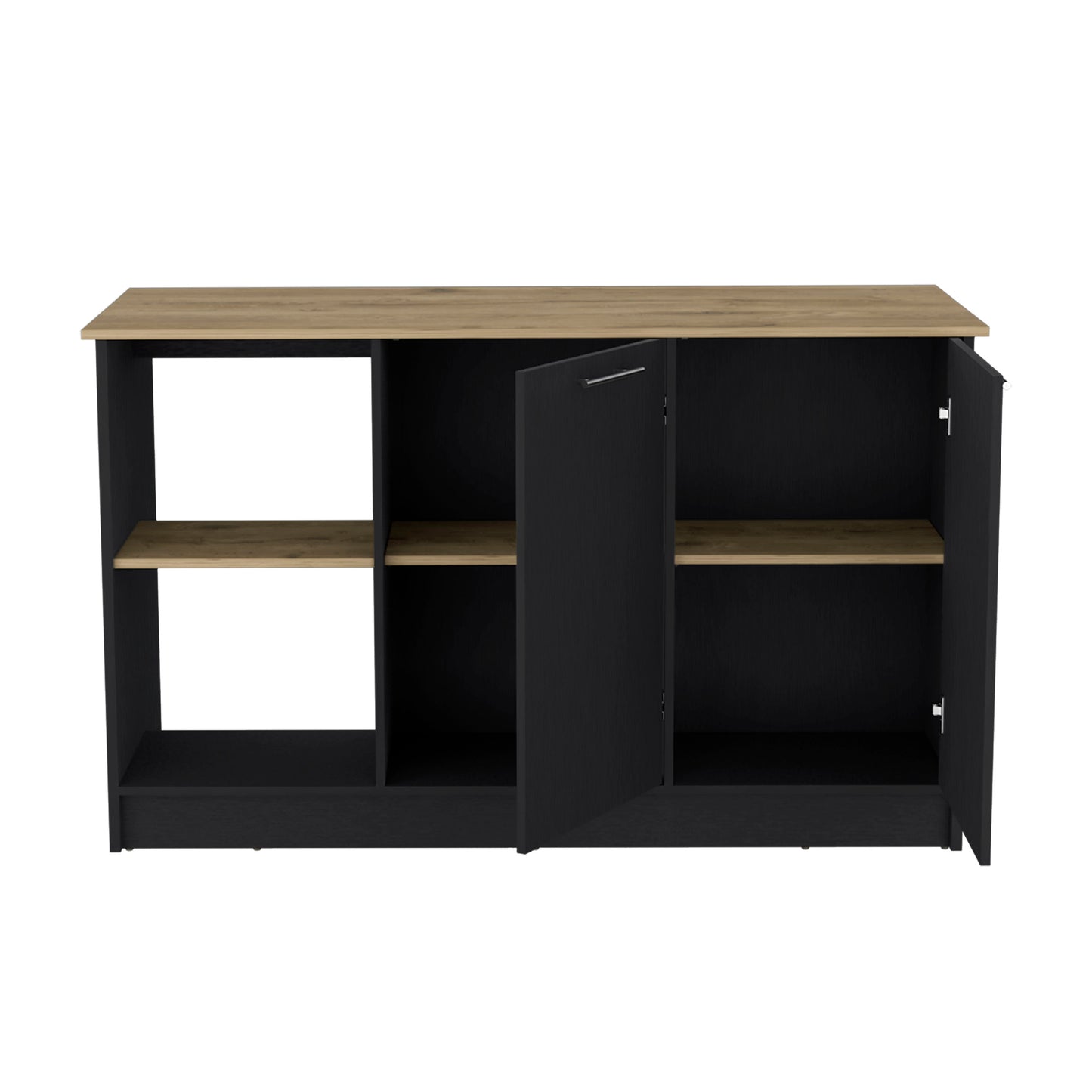 Black and wood sideboard with open doors and visible shelves