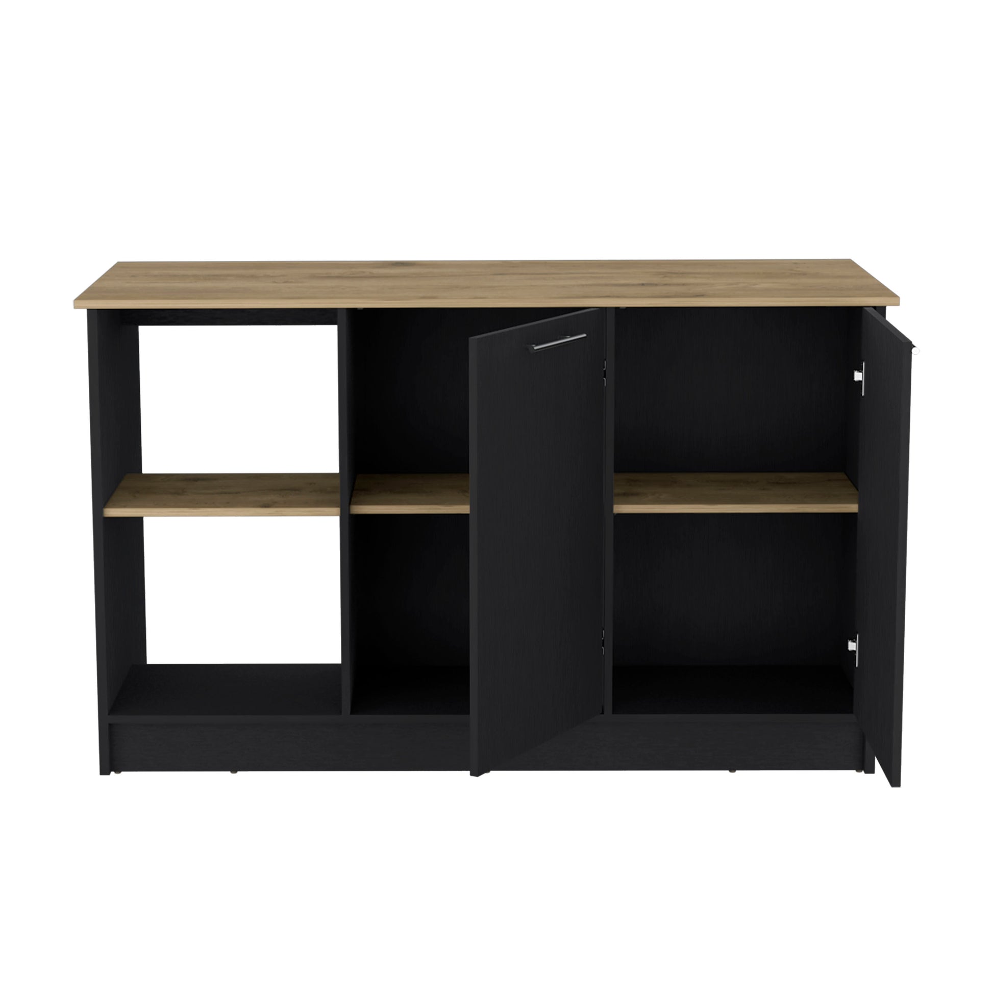 Black and wood sideboard with open doors and visible shelves