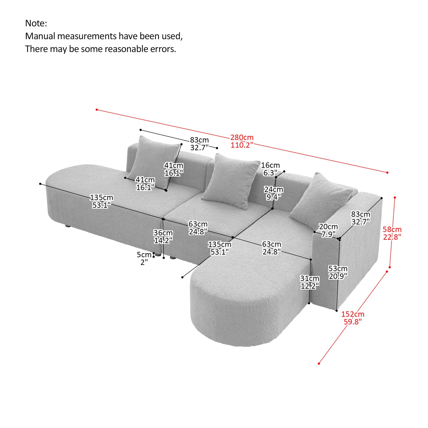 Light gray boucle fabric sectional sofa with chaise cm total length