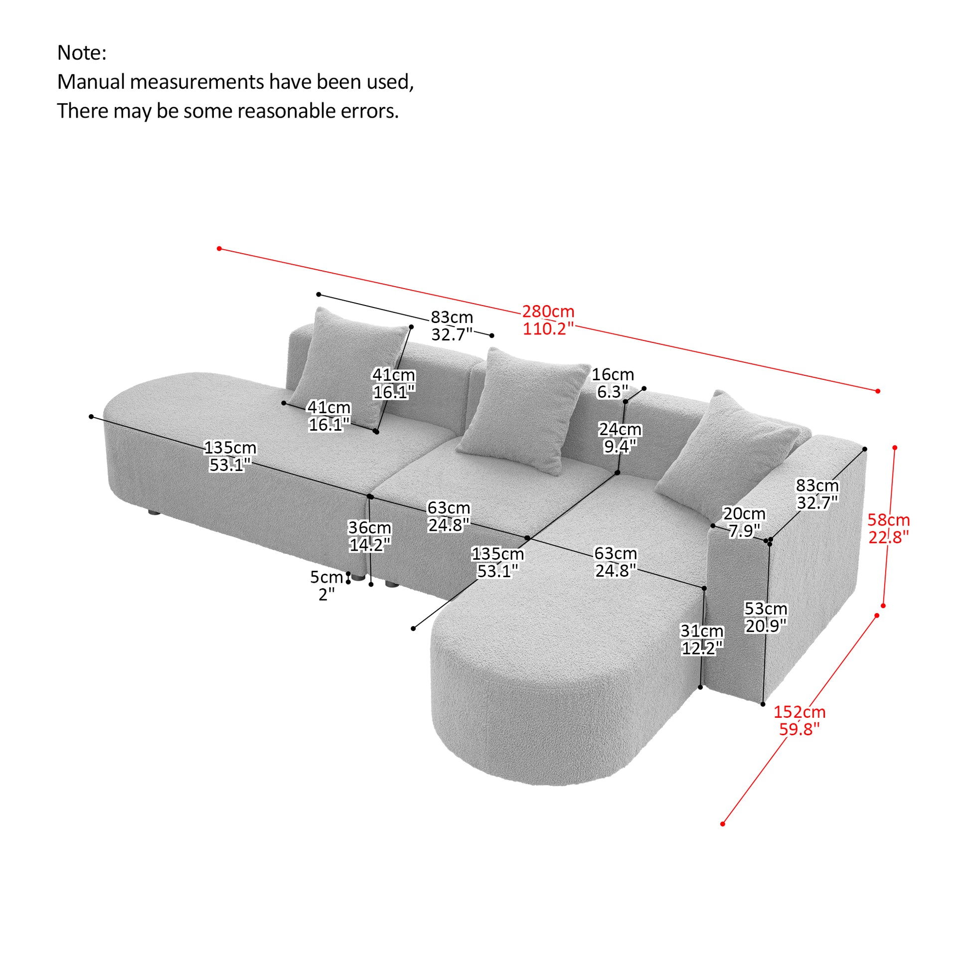 Light gray boucle fabric sectional sofa with chaise cm total length