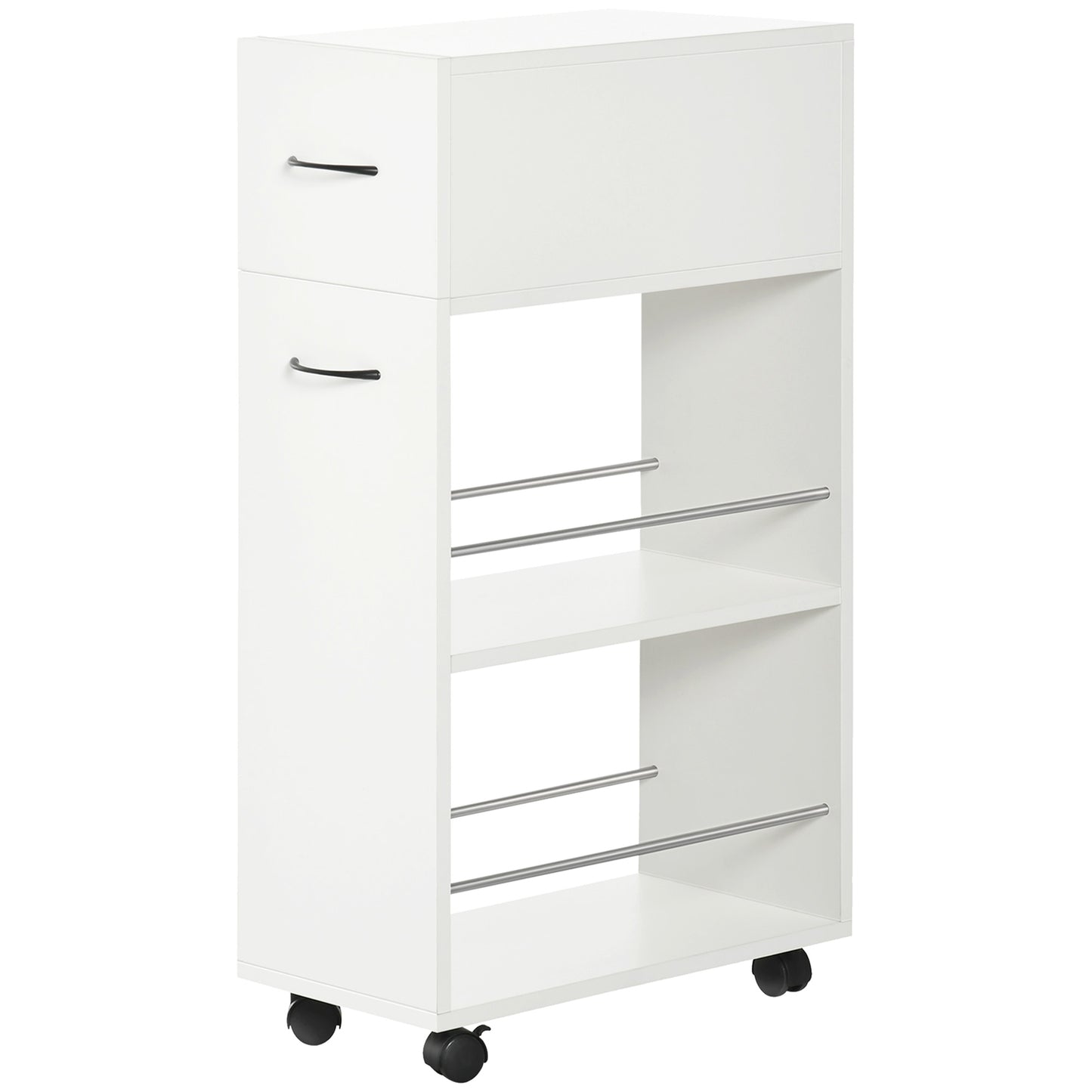 White rolling cart with two drawers and two open shelves with towel bars