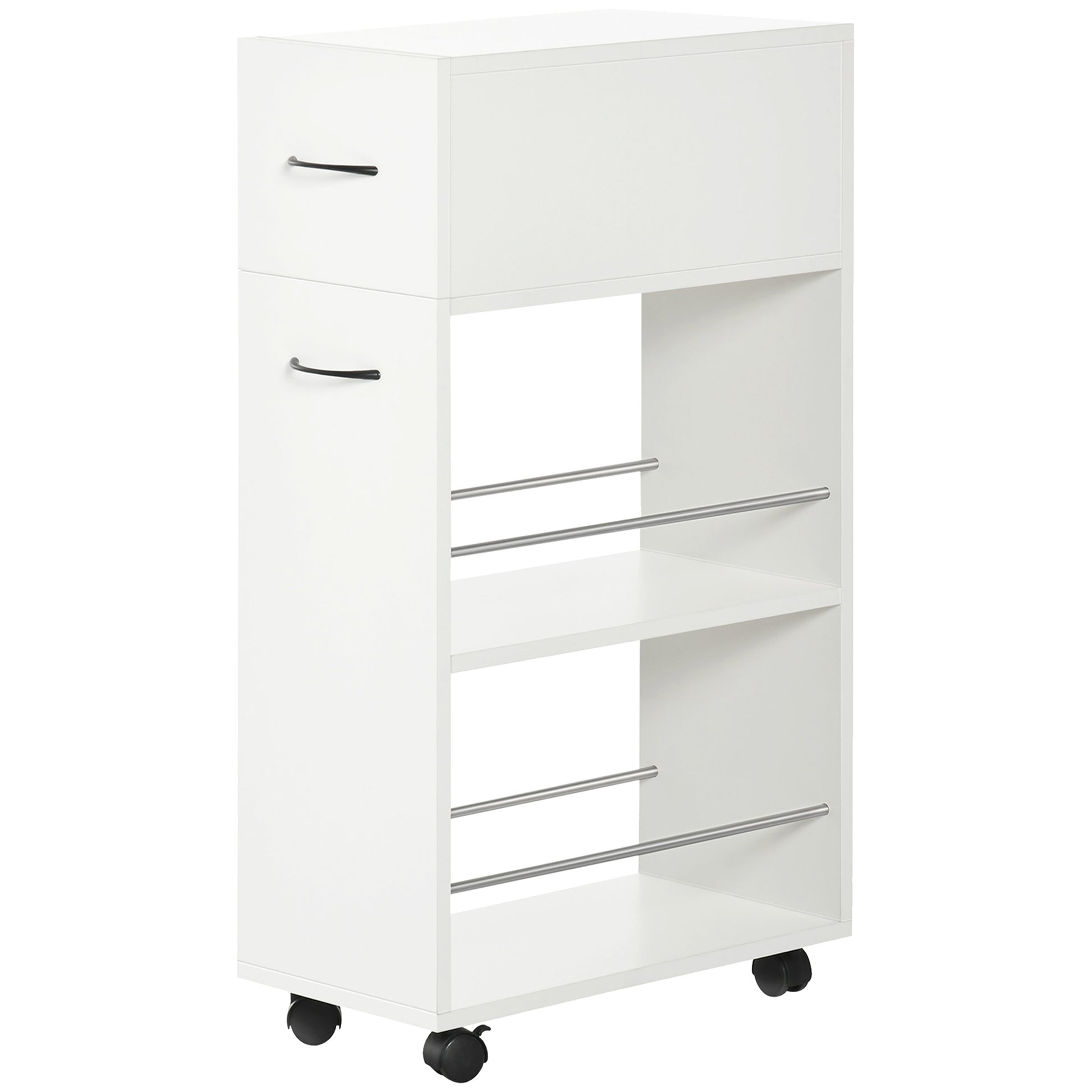 White rolling cart with two drawers and two open shelves with towel bars