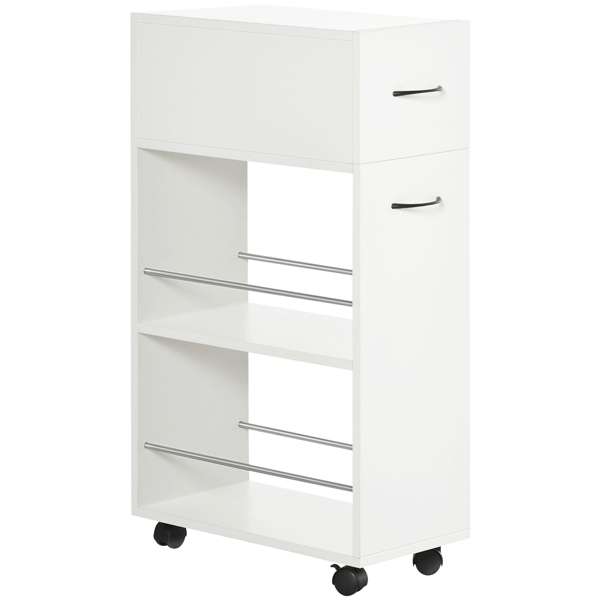 White rolling cart with two drawers and two open shelves