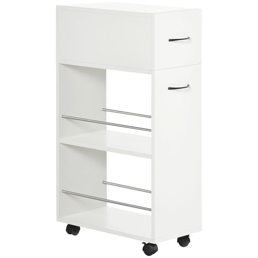 White rolling cart with two drawers and two open shelves