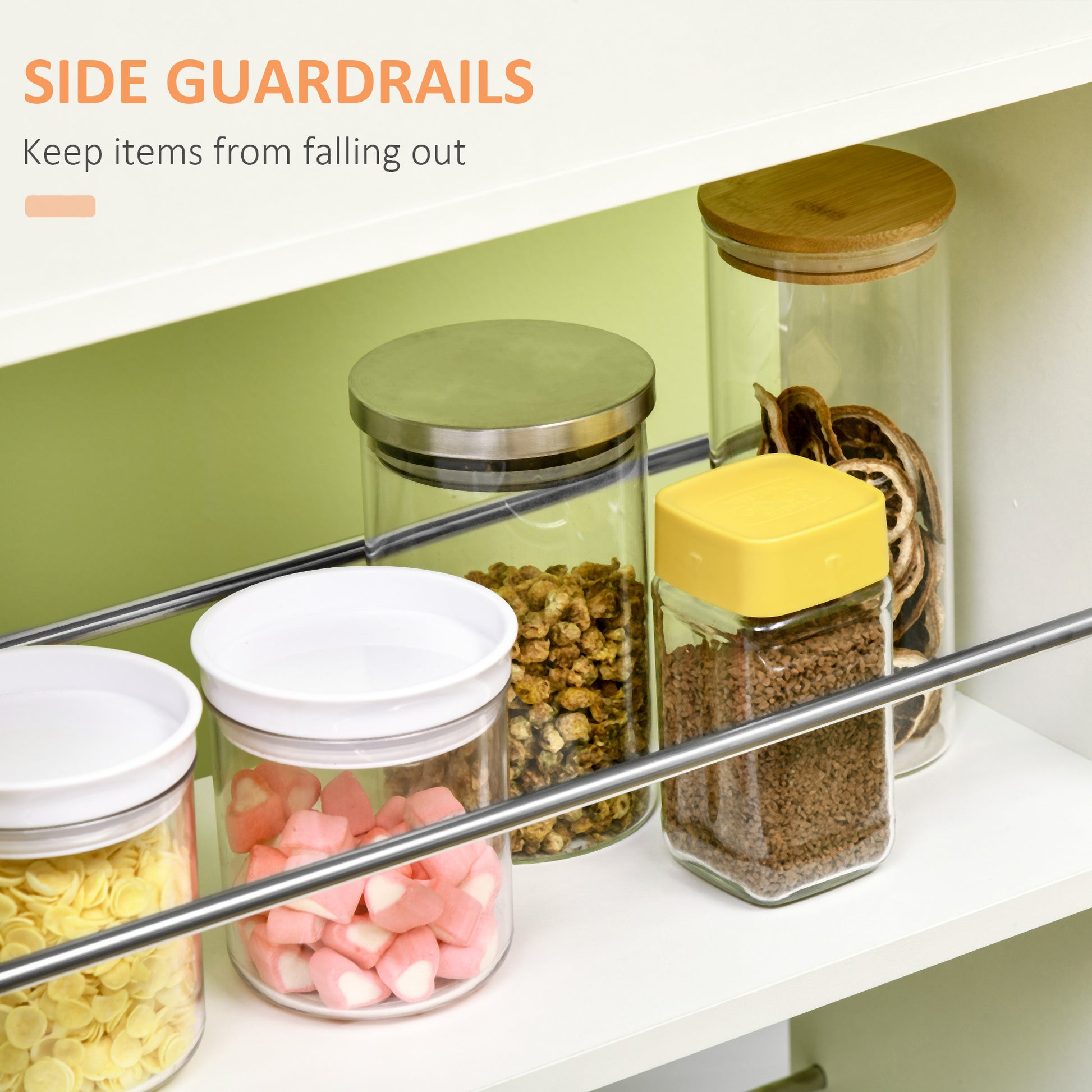 Side guardrail keeps jars from falling on a shelf