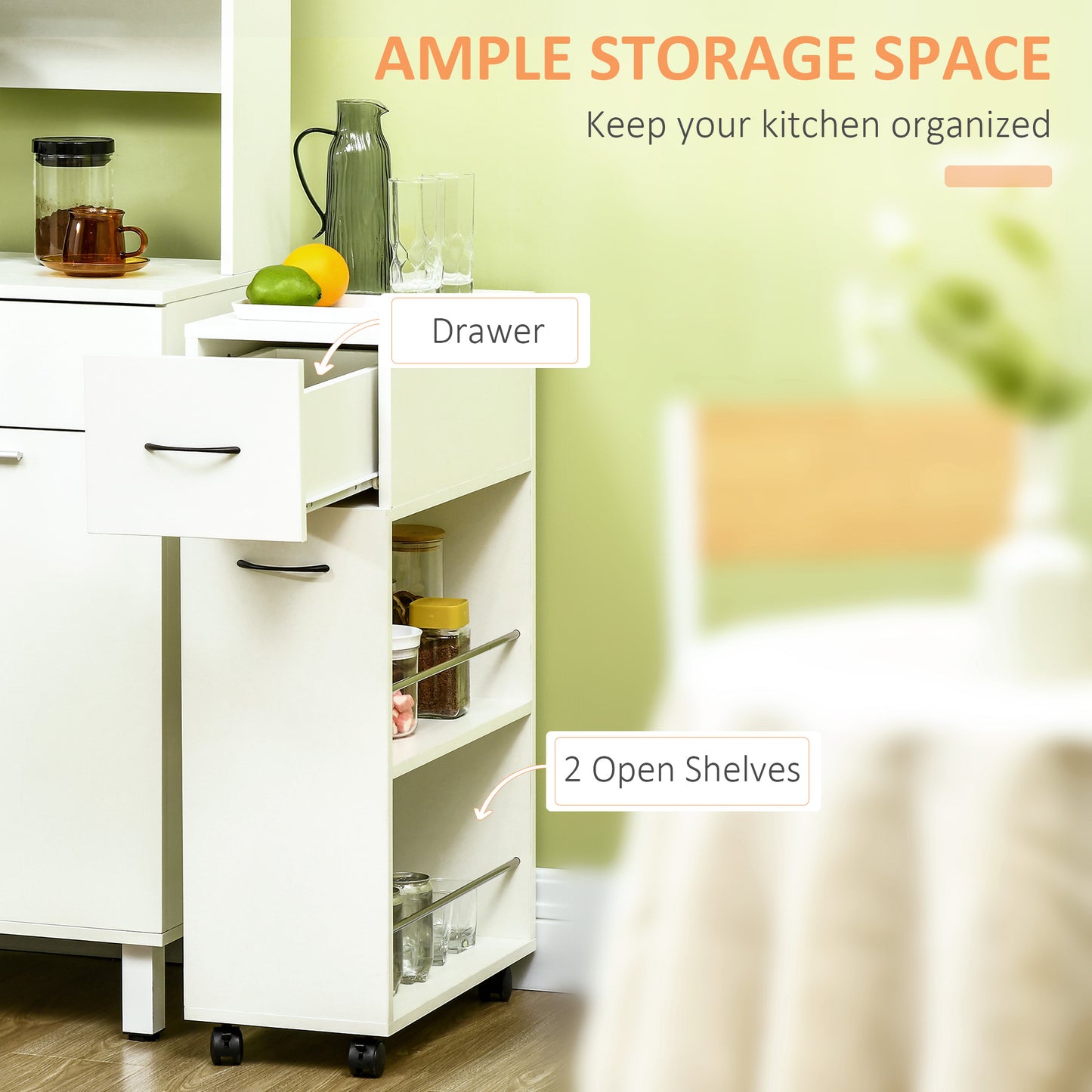 White slim kitchen cart with one drawer and two open shelves