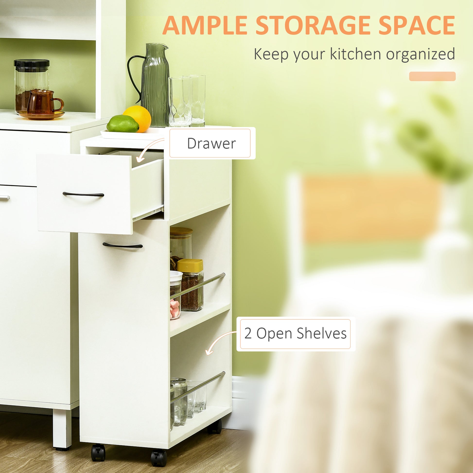White slim kitchen cart with one drawer and two open shelves