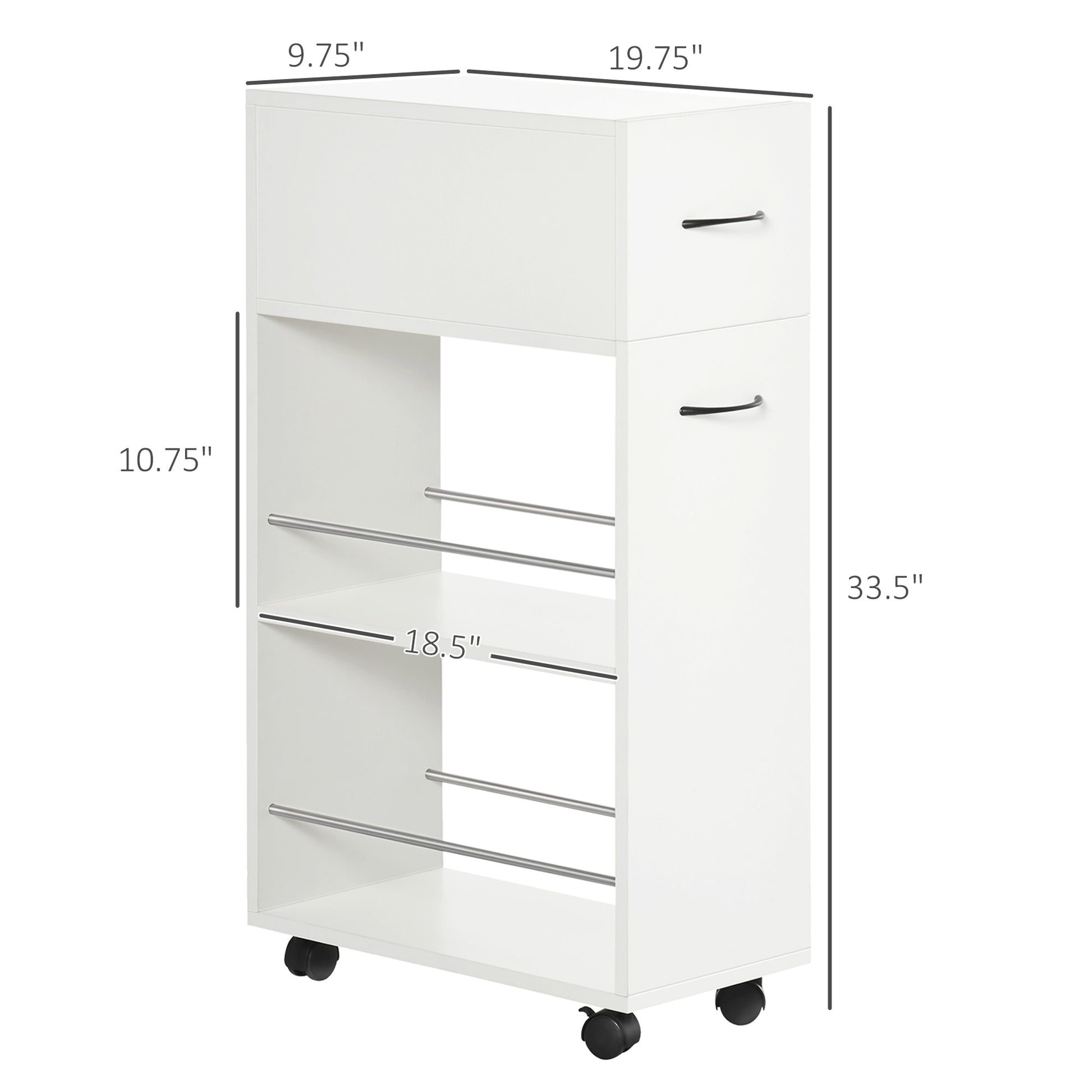 White rolling kitchen cart with two drawers and open shelving