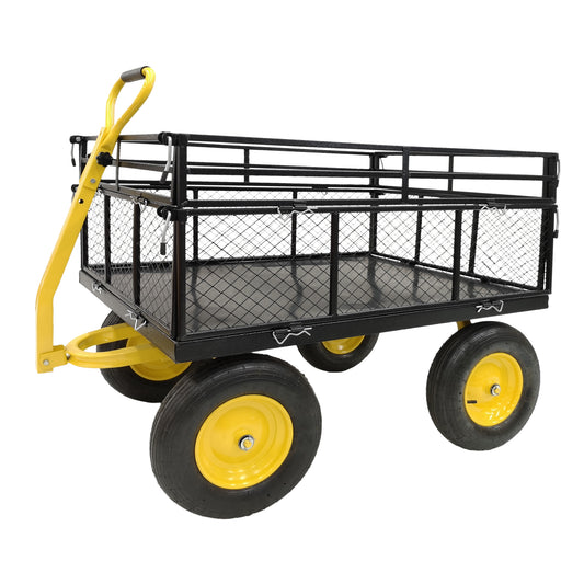 Black metal garden wagon with yellow handle and wheels