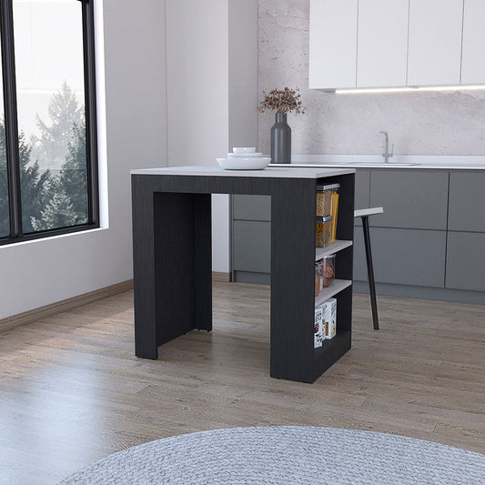 Modern dark gray kitchen island with white countertop and builtin shelves
