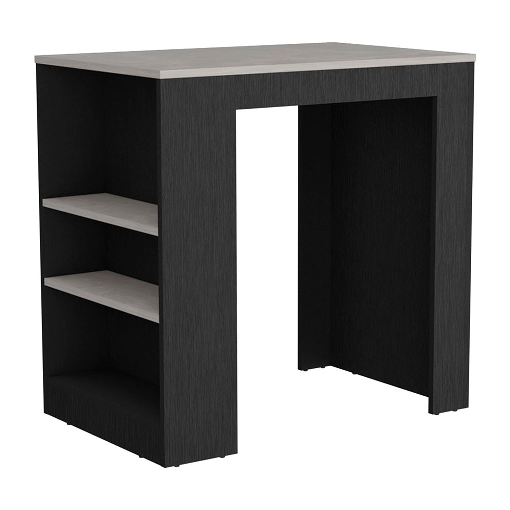 Dark grey modern bar table with light grey shelves and tabletop