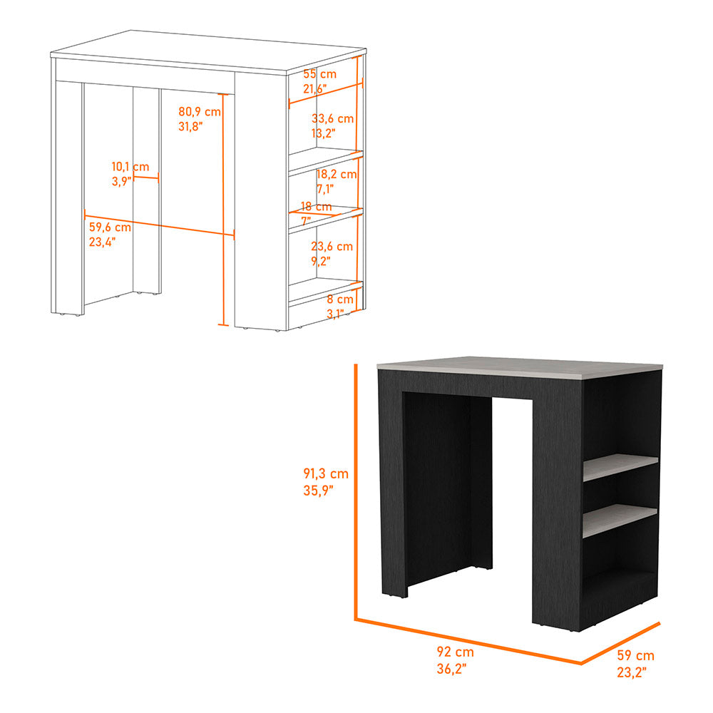 Modern bar table in dark wood with light gray shelves