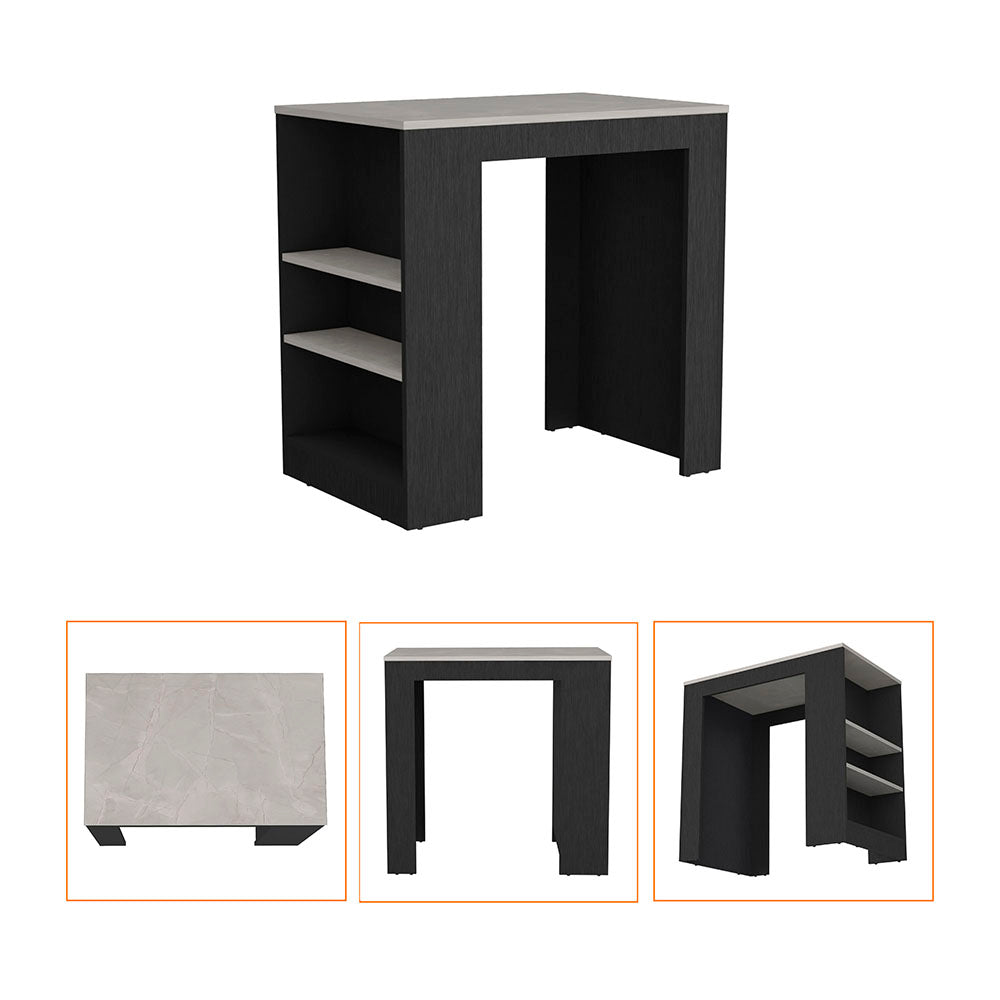 Modern black bar table with marble top and open shelving