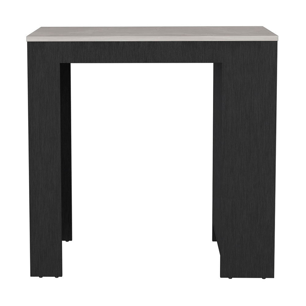 Dark wood bar table with a light grey speckled countertop