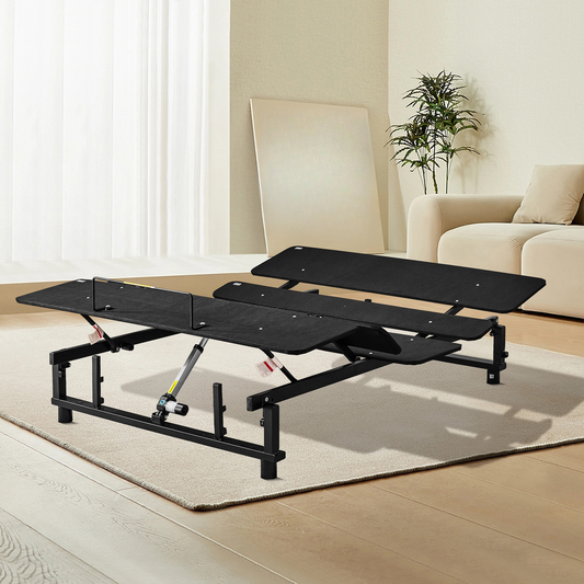 Adjustable bed frame with black upholstered surface and hydraulic lift mechanism