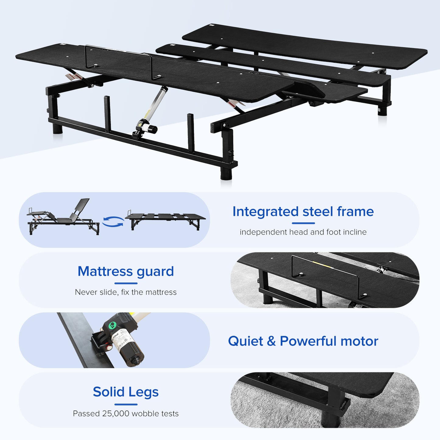 Black adjustable bed frame with independent head and foot incline