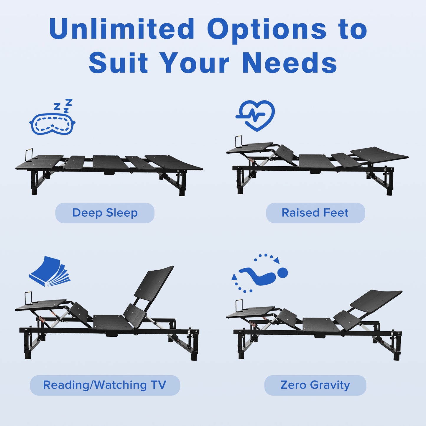 Adjustable bed frame in flat position for deep sleep