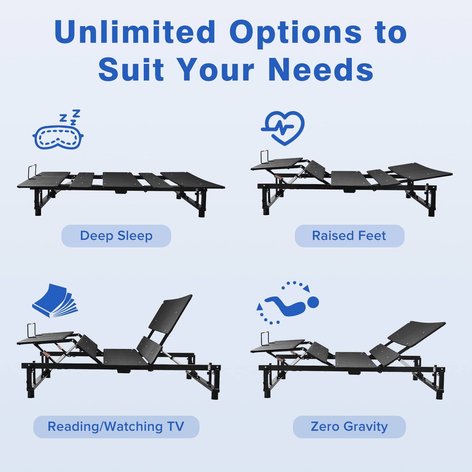 Adjustable bed frame in flat position for deep sleep