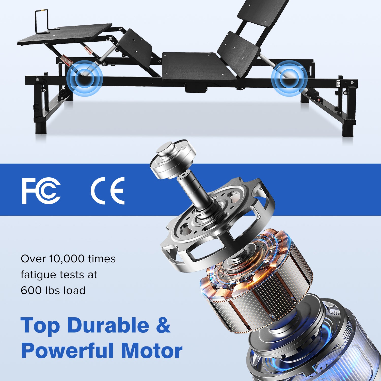 Adjustable bed frame with black metal construction and dual motors