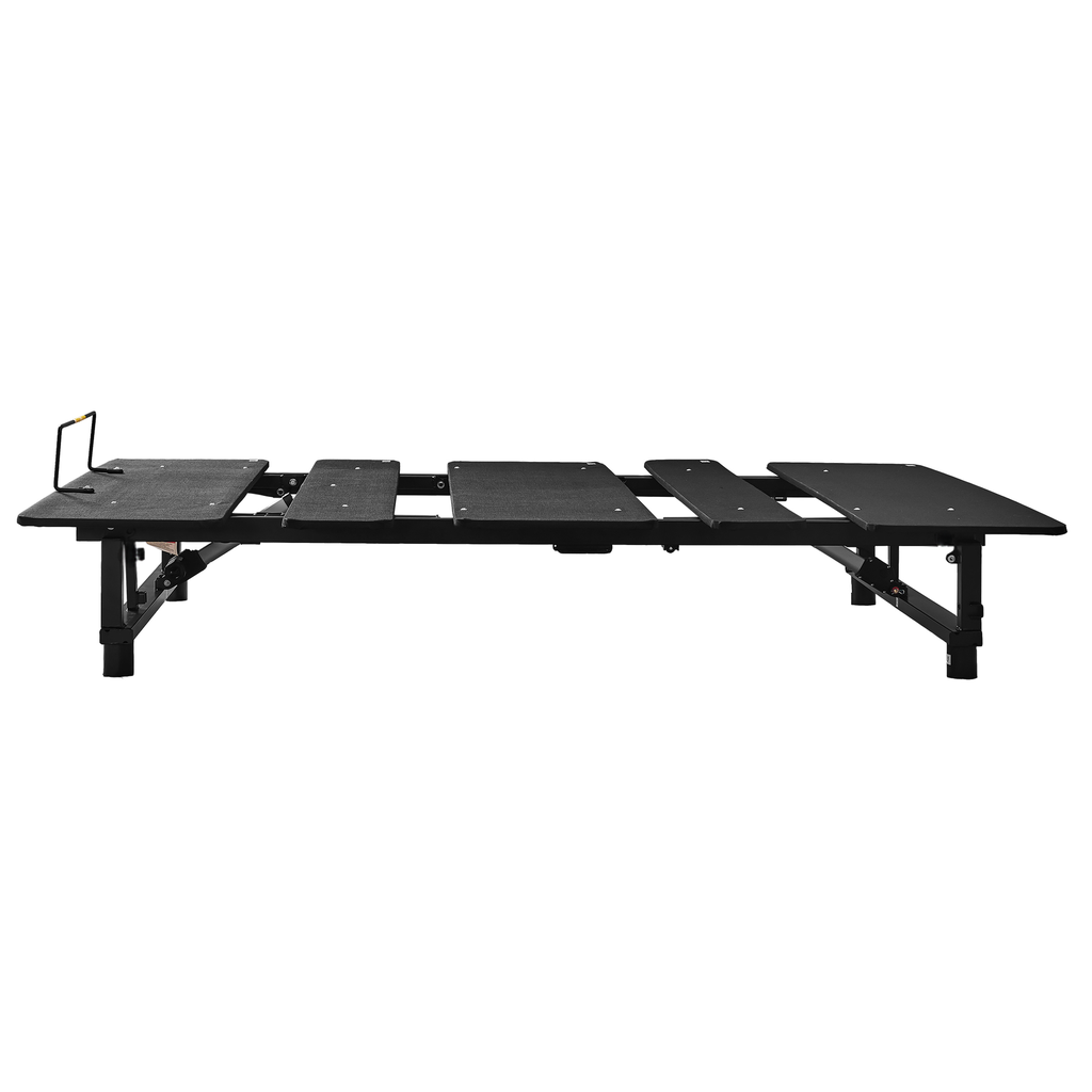 Black adjustable bed frame with metal legs and headboard bracket