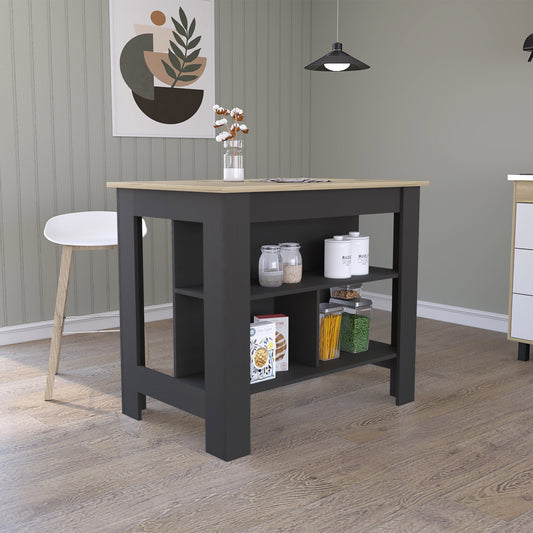 Modern dark gray kitchen island with light wood countertop and open shelves