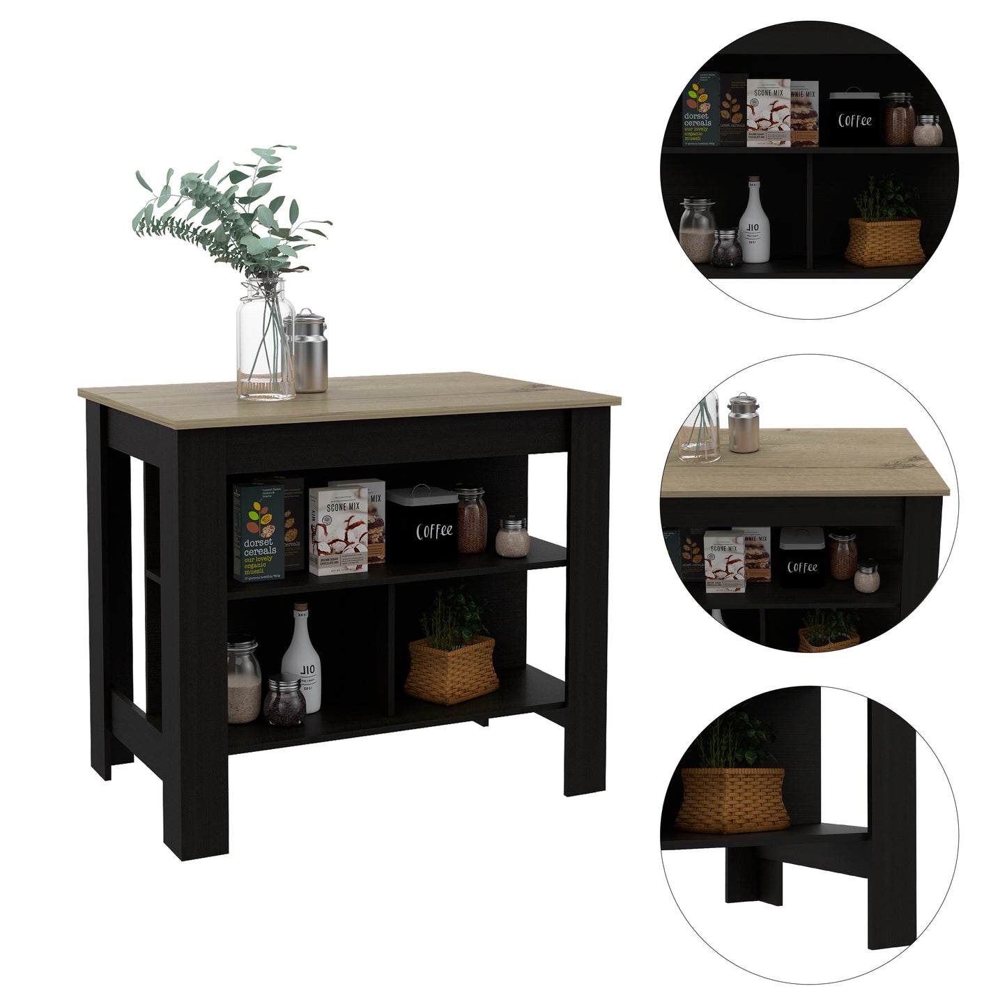 Modern black and wood kitchen island with open shelving and countertop