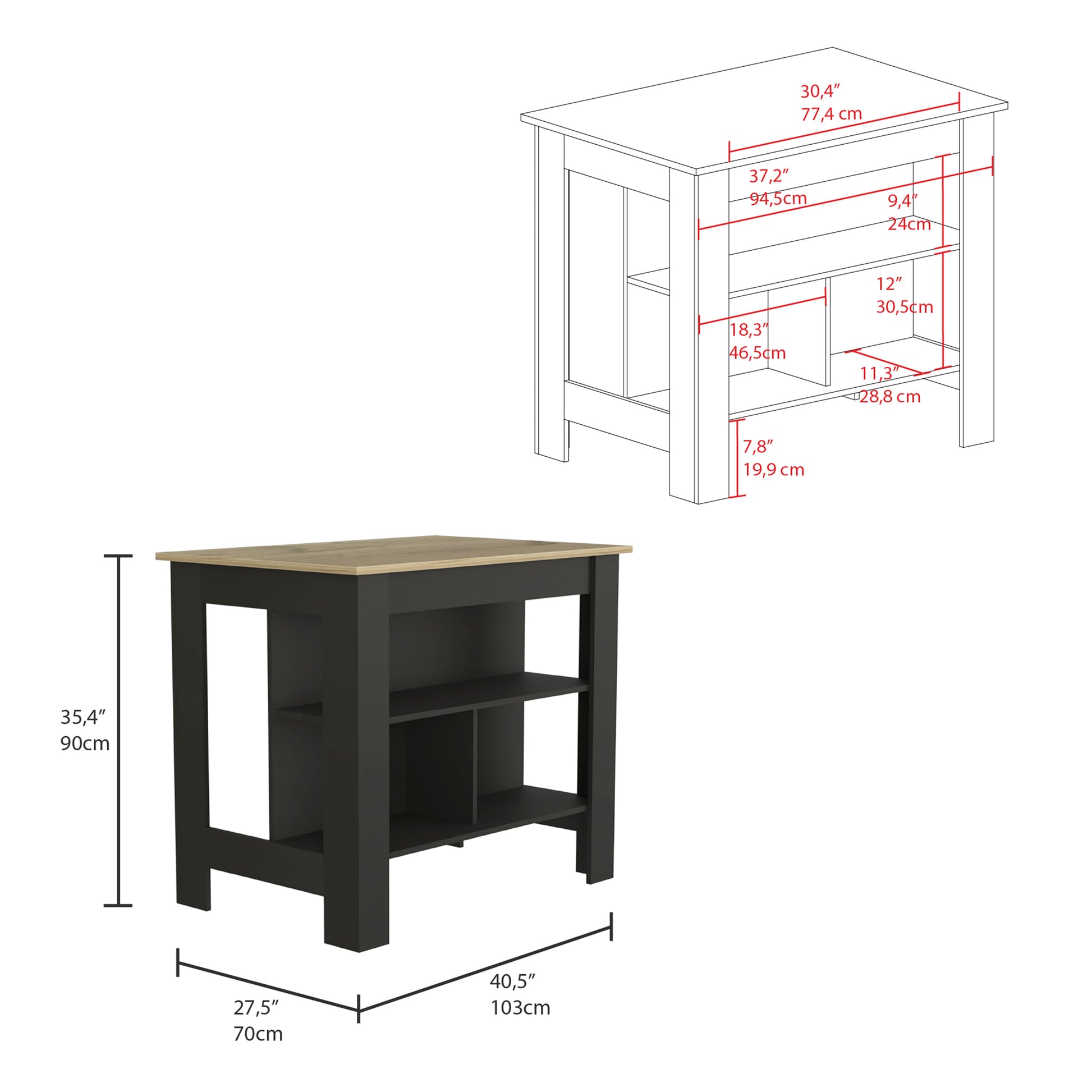 Black kitchen island with wood top and open shelves