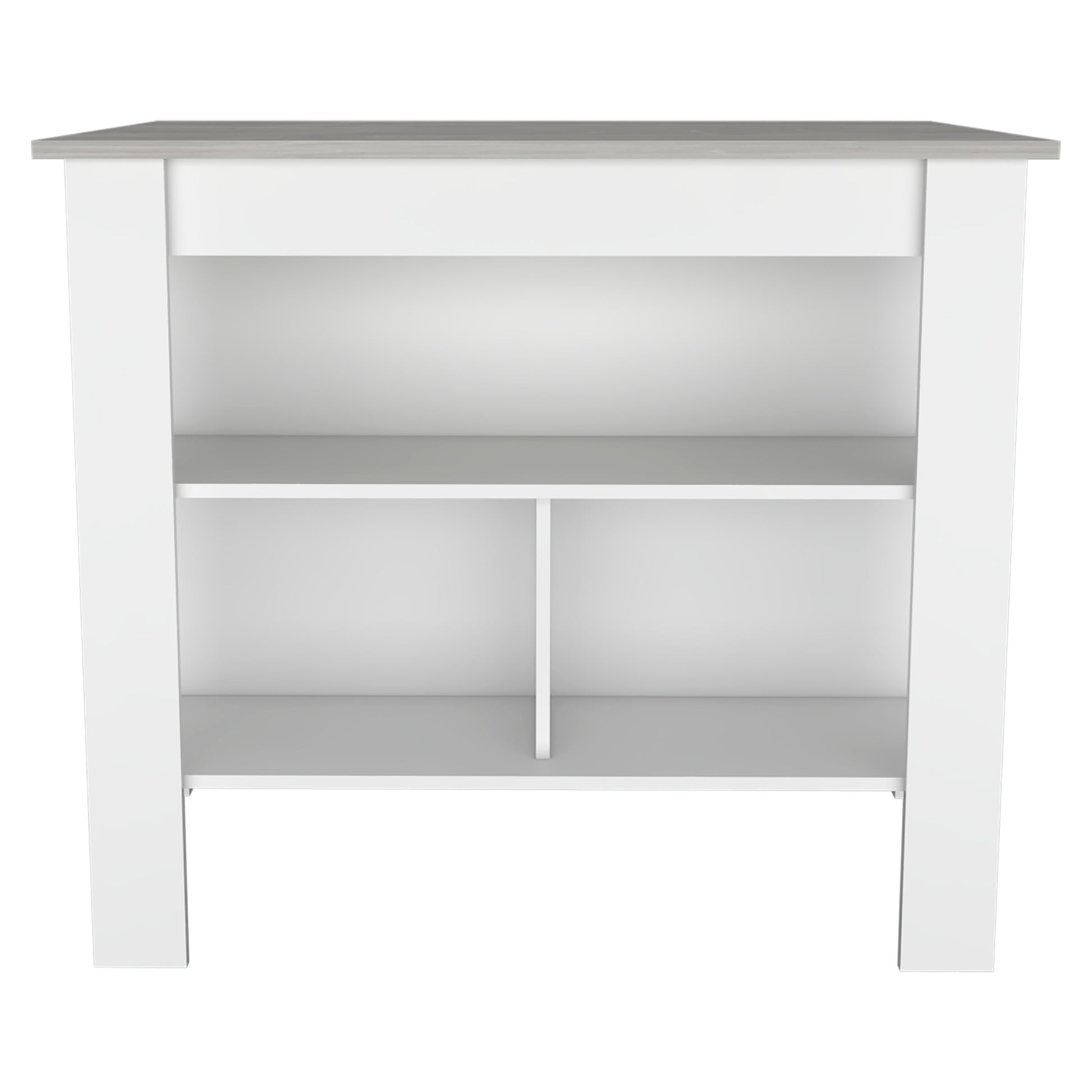 Modern white bookshelf with grey wood top