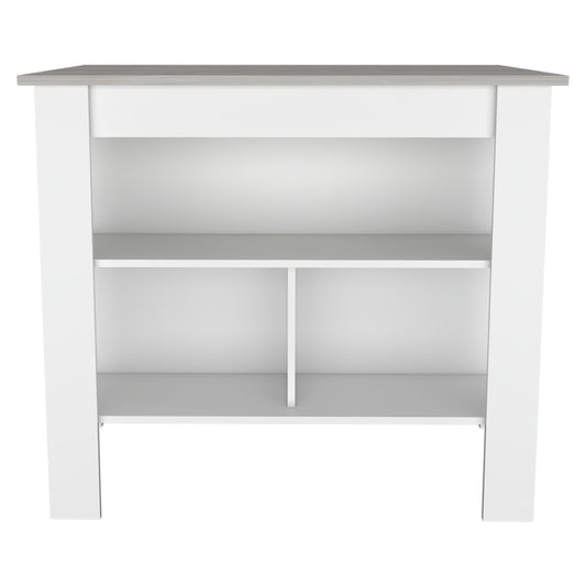 Modern white bookshelf with grey wood top