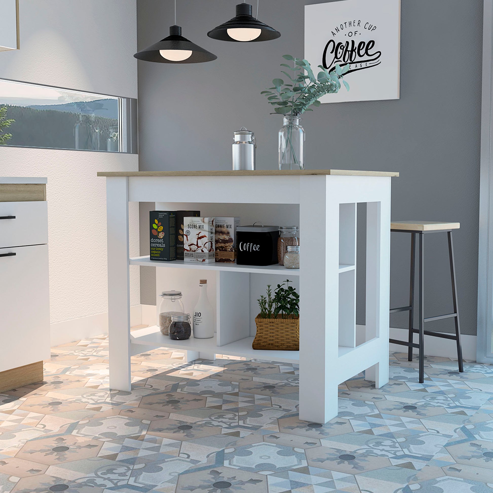 White and wood kitchen island with open shelves holding coffee and cereal boxes