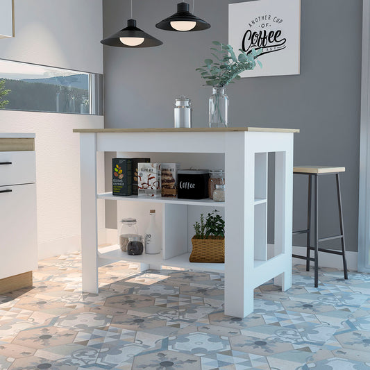 White and wood kitchen island with open shelves holding coffee and cereal boxes