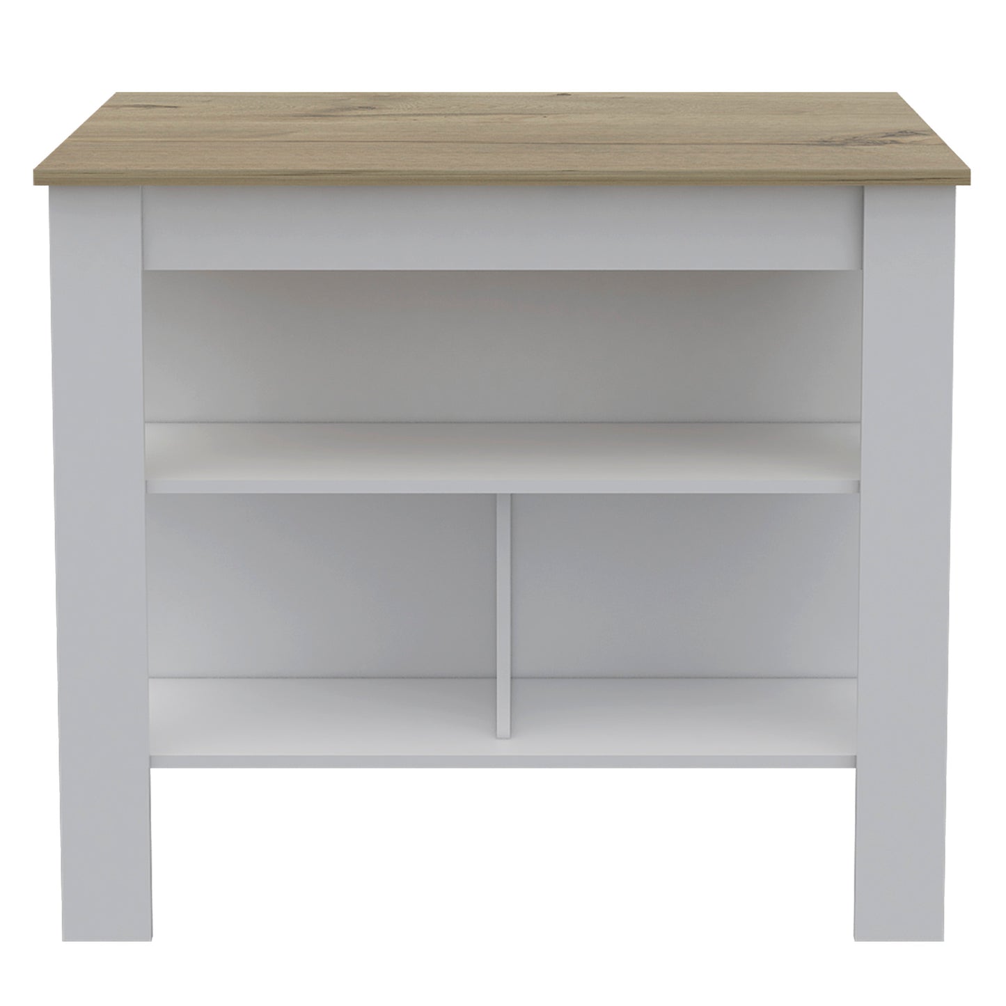 White and oak entryway console table with two open shelves