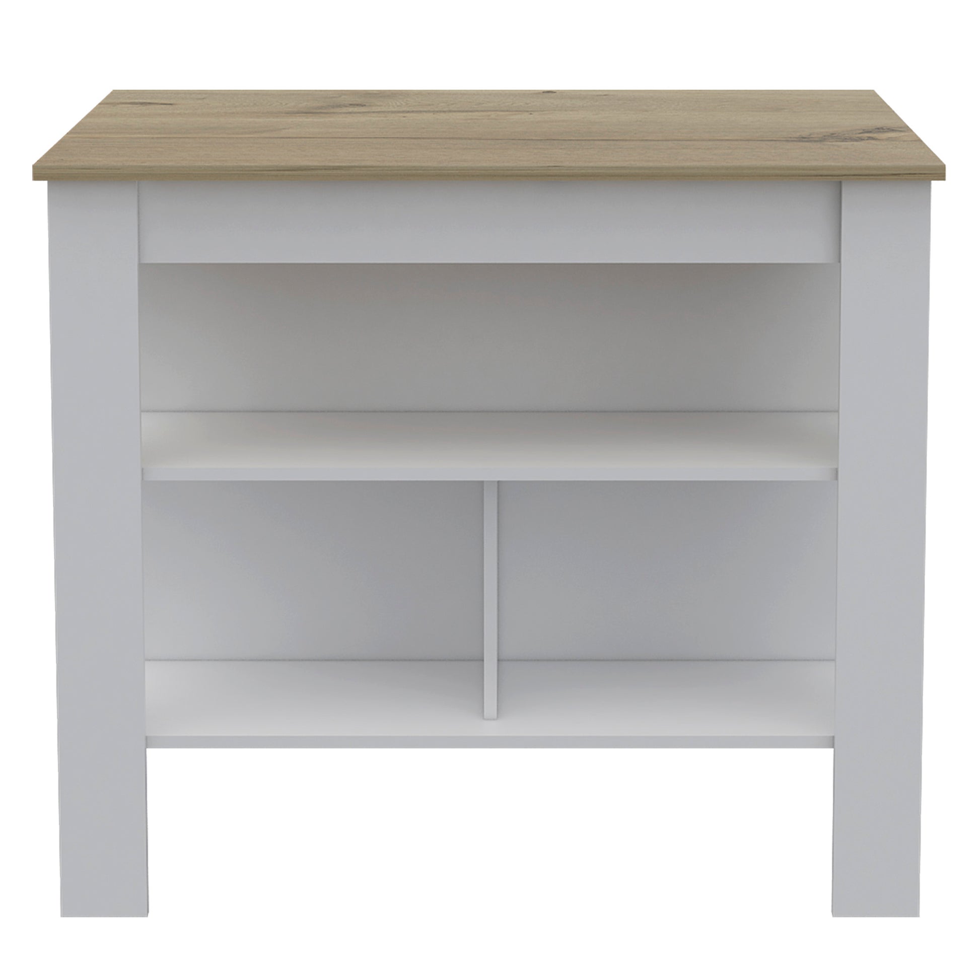 White and oak entryway console table with two open shelves