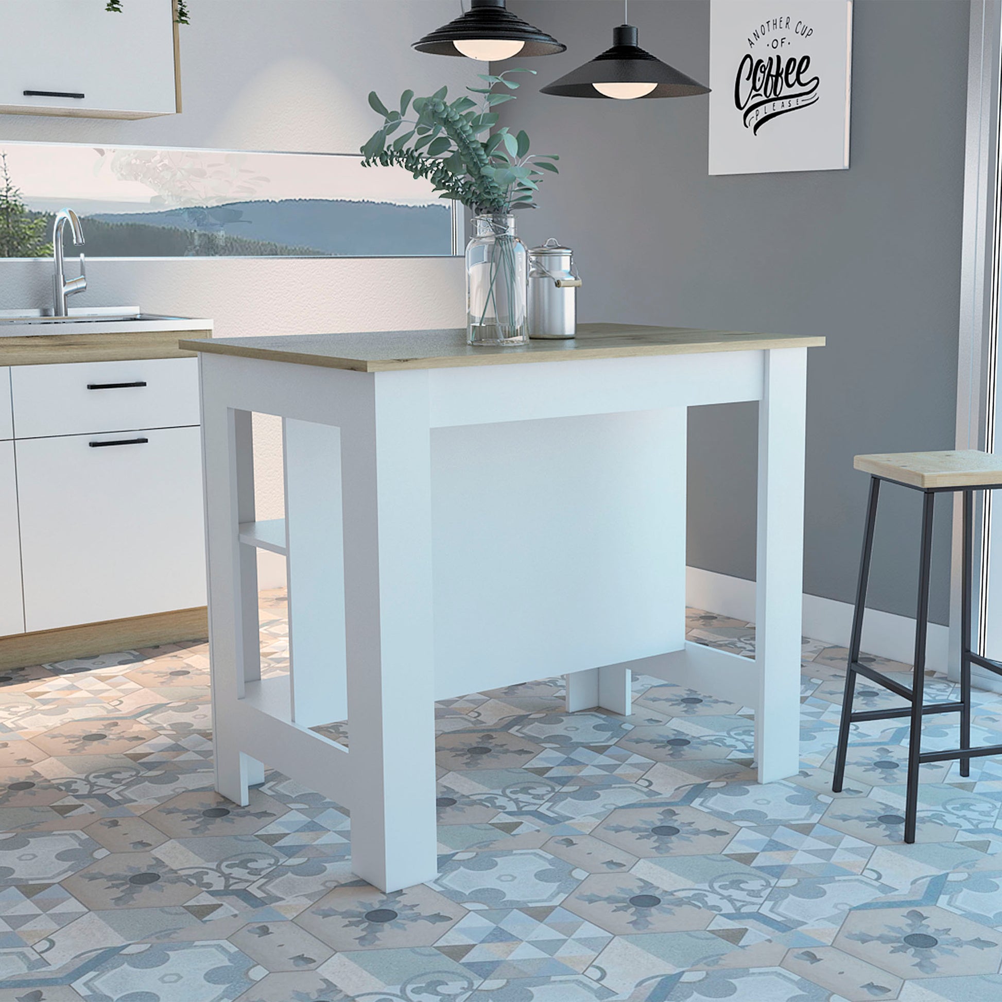 Modern white kitchen island with natural wood countertop