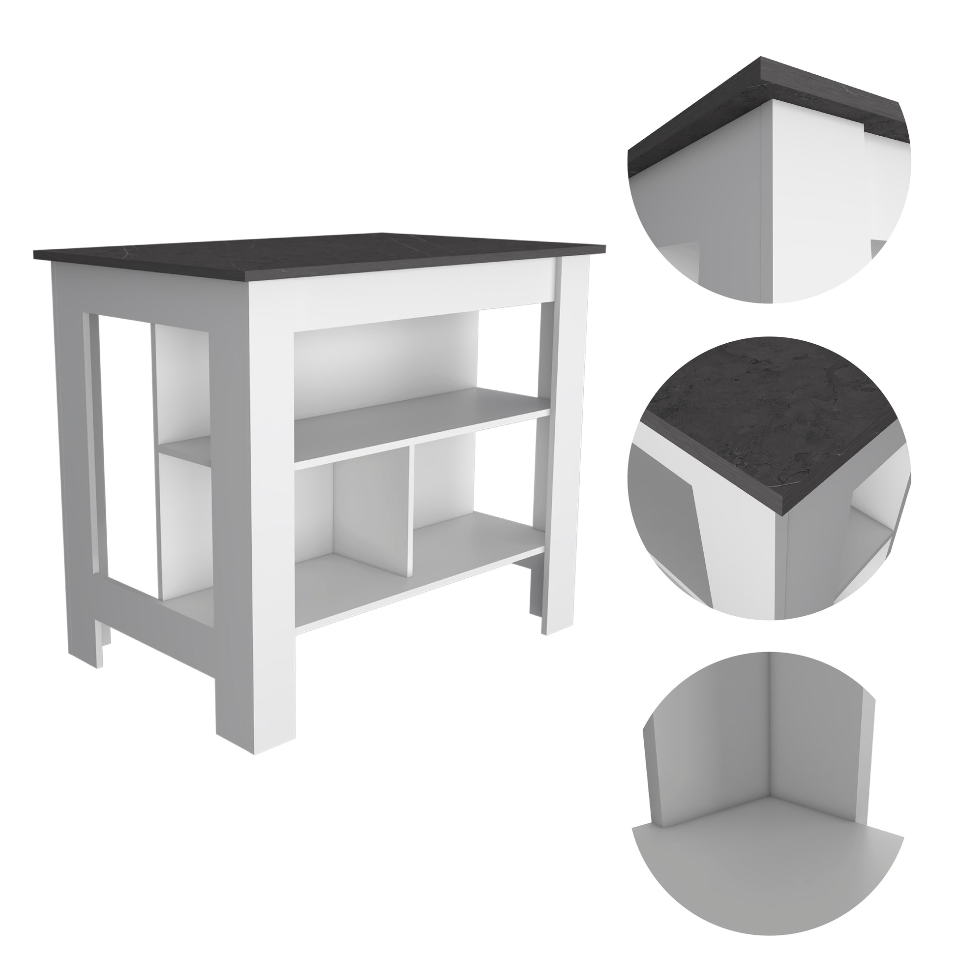 White kitchen island with black marble countertop and open shelving