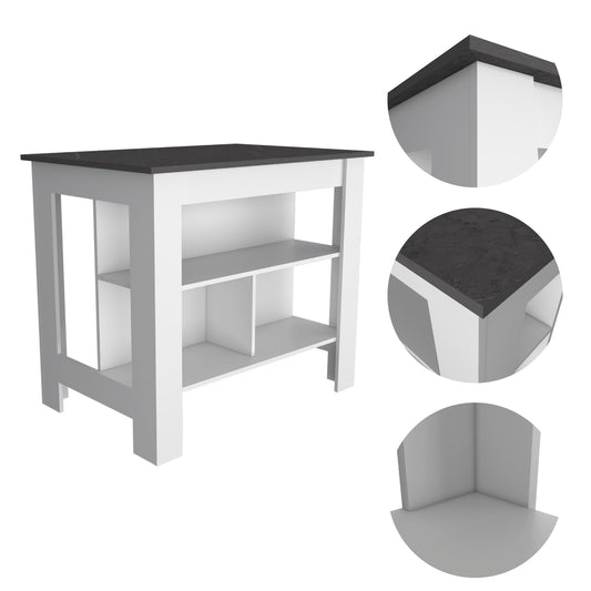 White kitchen island with black marble countertop and open shelving
