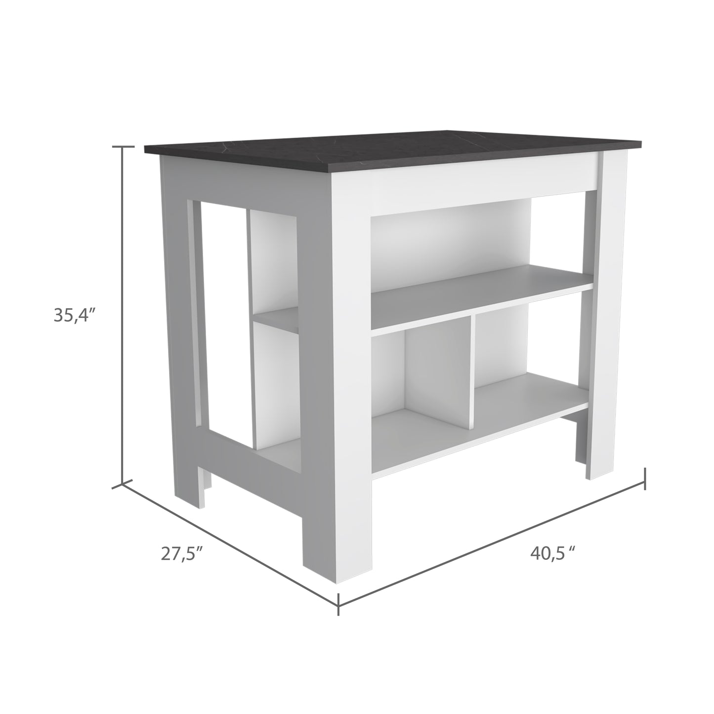 Compact kitchen island with white frame and dark gray marbled countertop