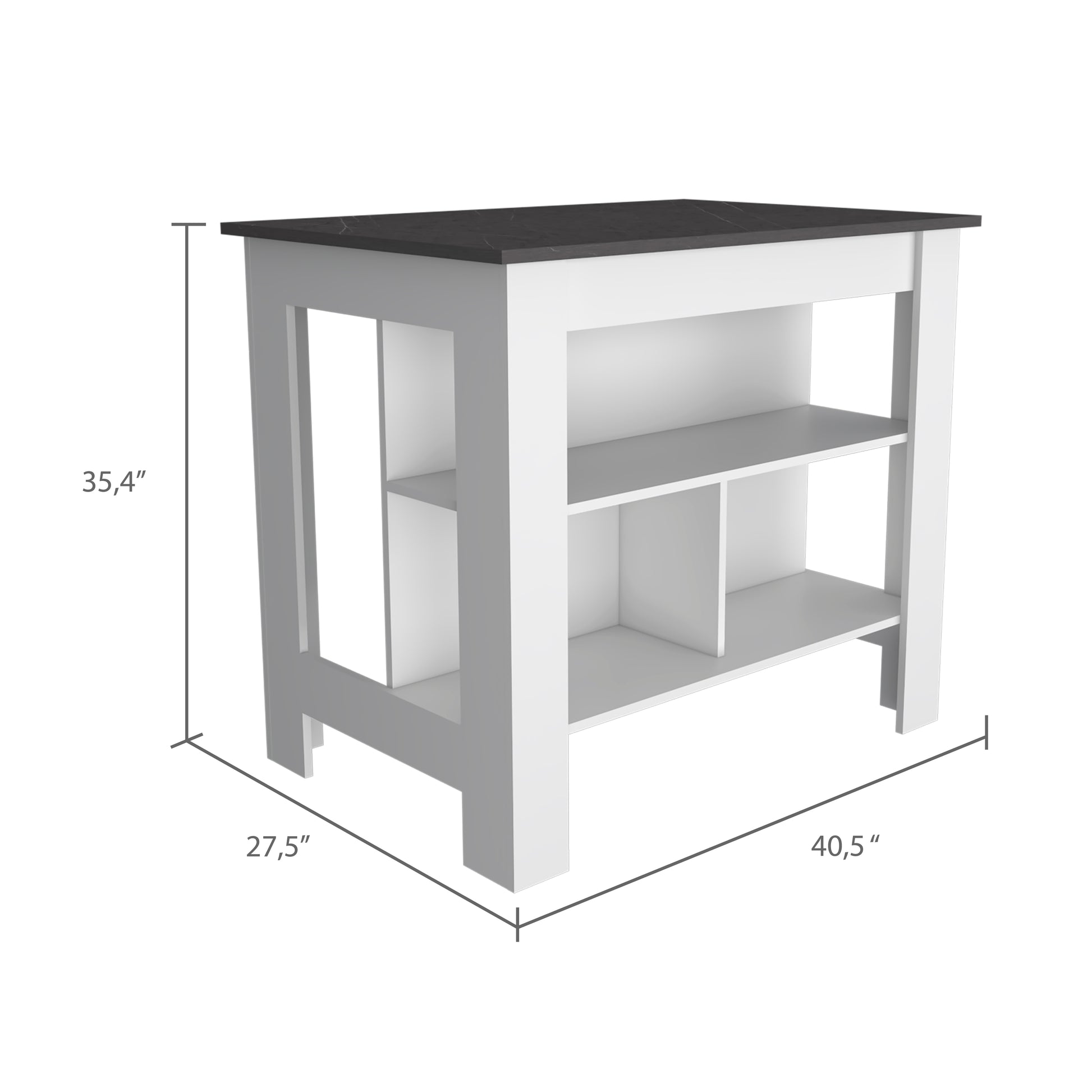 Compact kitchen island with white frame and dark gray marbled countertop