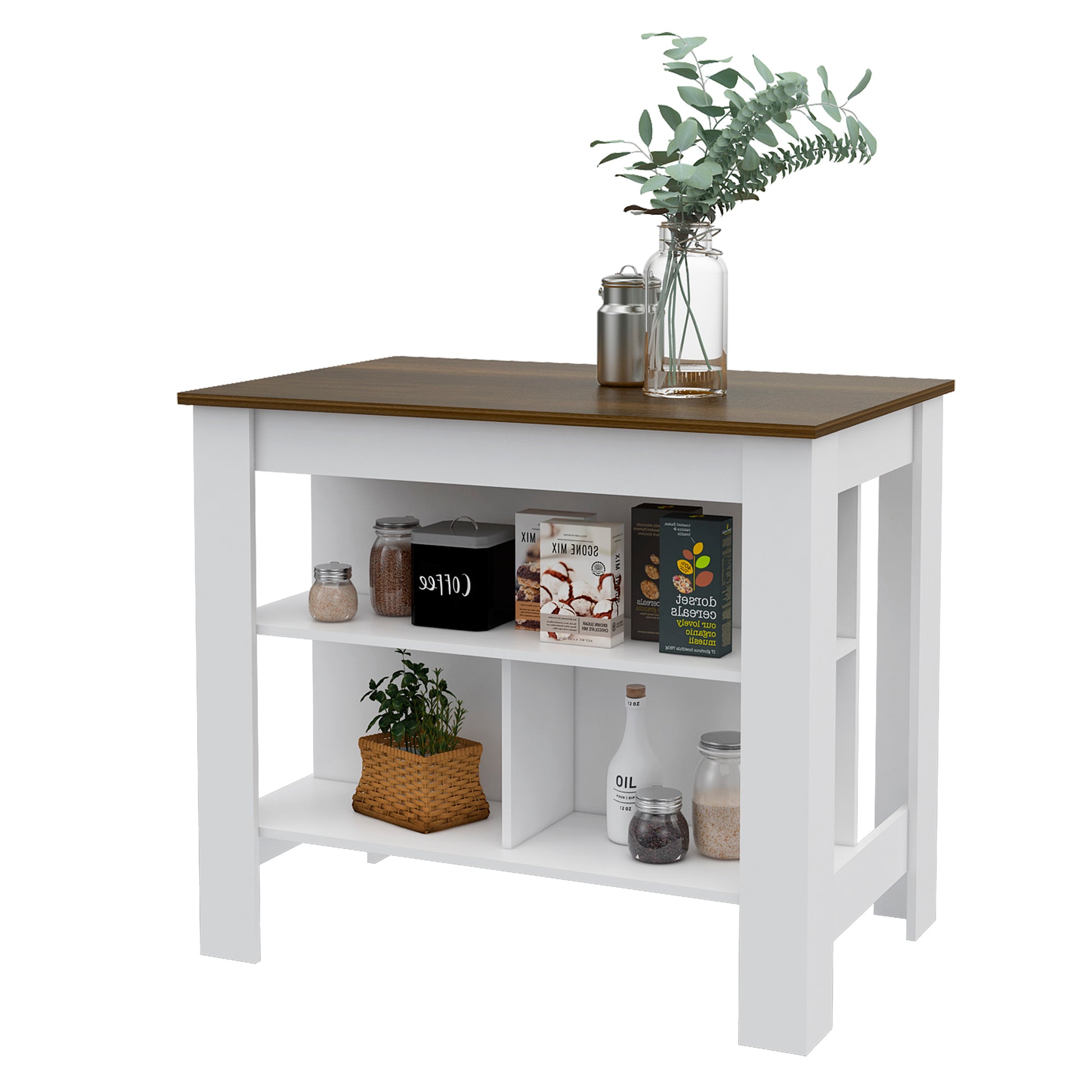 White and brown kitchen island with open shelves holding jars and boxes