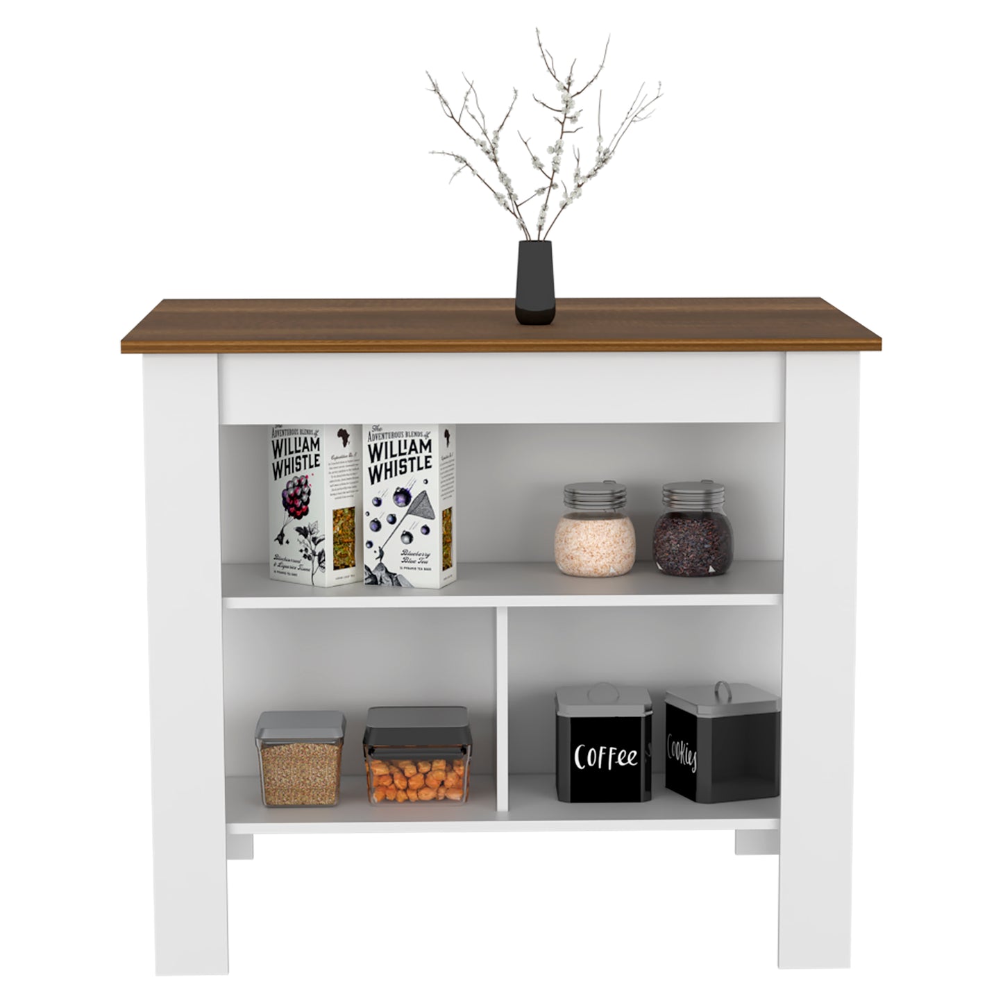 White and wood kitchen console table with open shelves