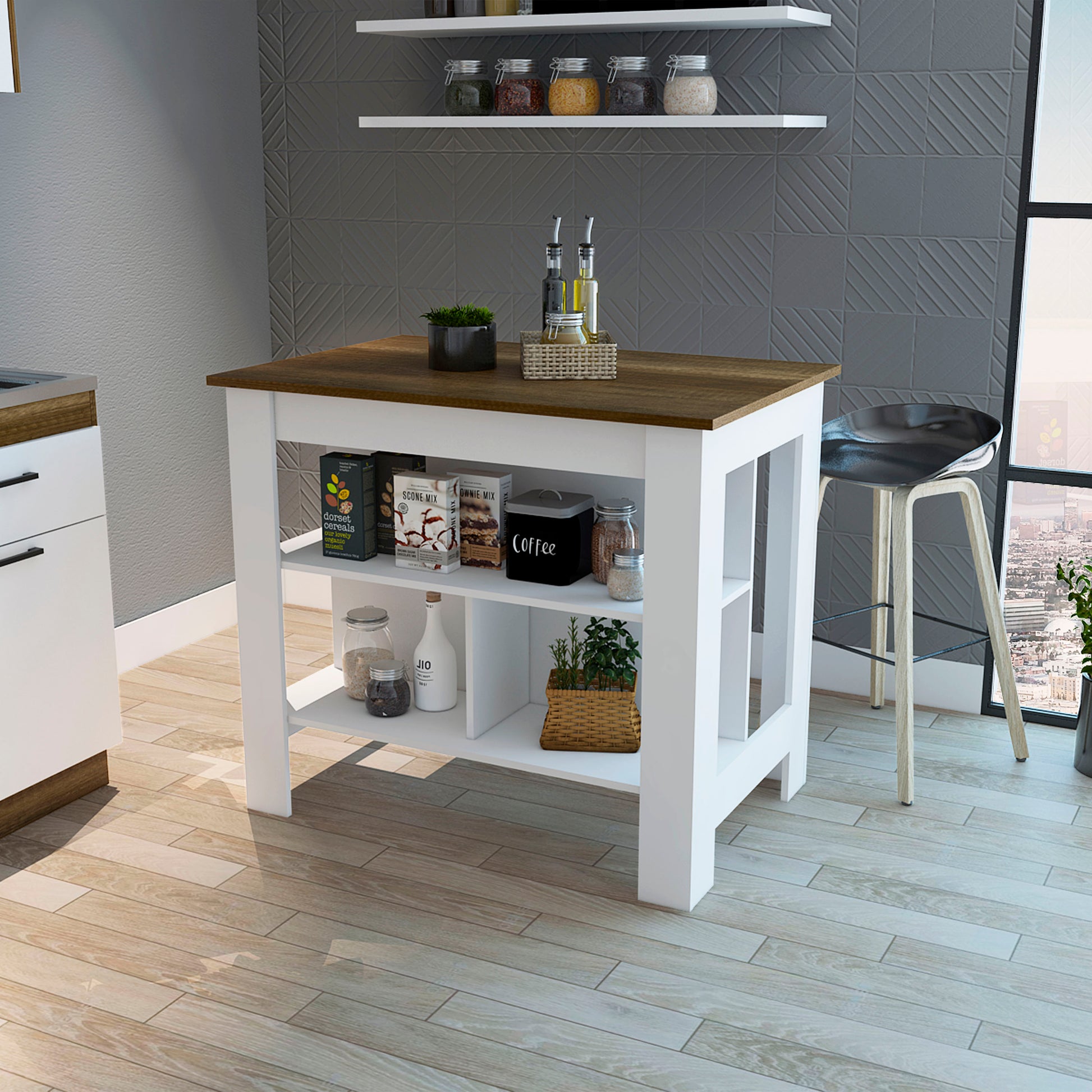 White kitchen island with dark wood top open shelves and organized pantry items