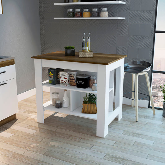 White kitchen island with dark wood top open shelves and organized pantry items