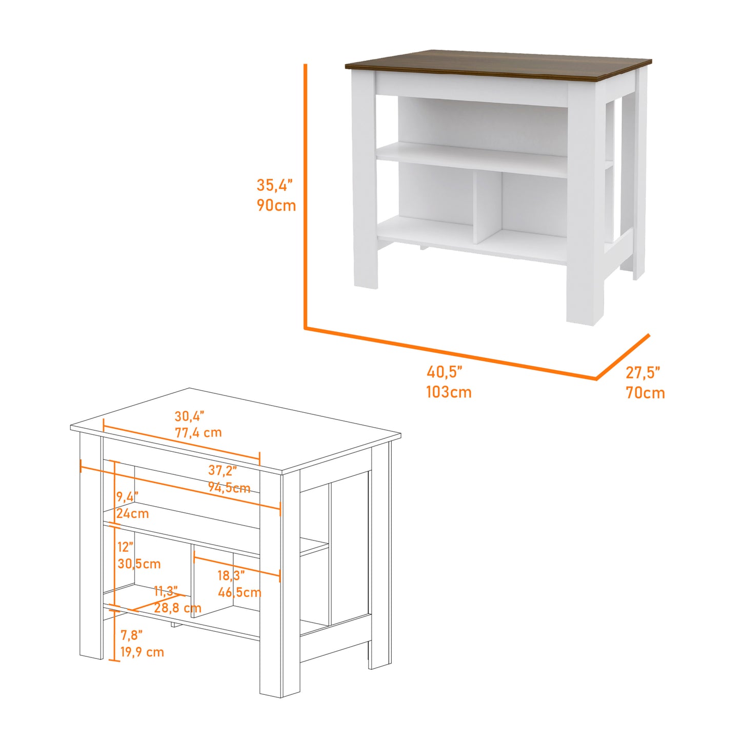White kitchen island with dark wood top and open shelving