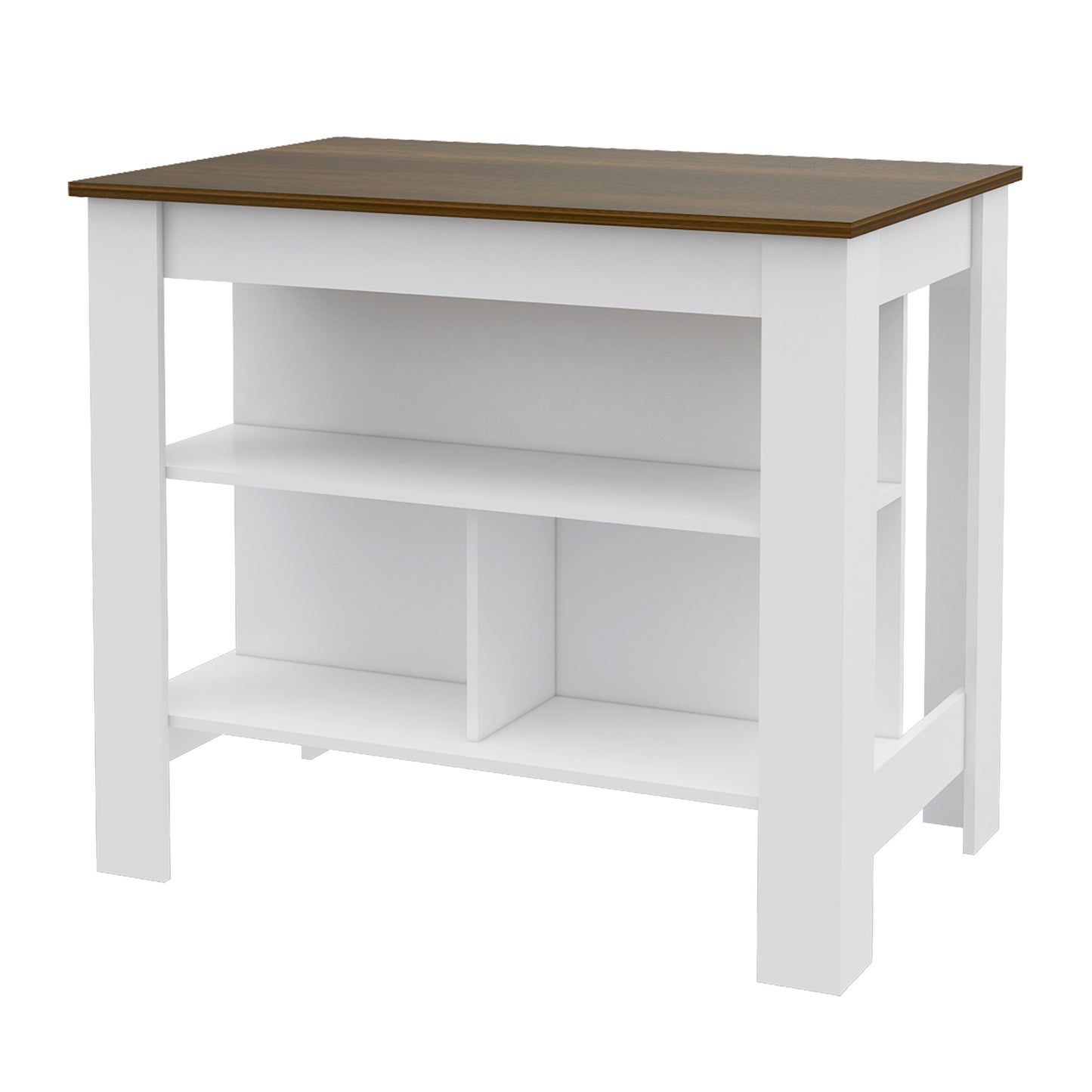 White kitchen island cart with brown wood top and two shelves