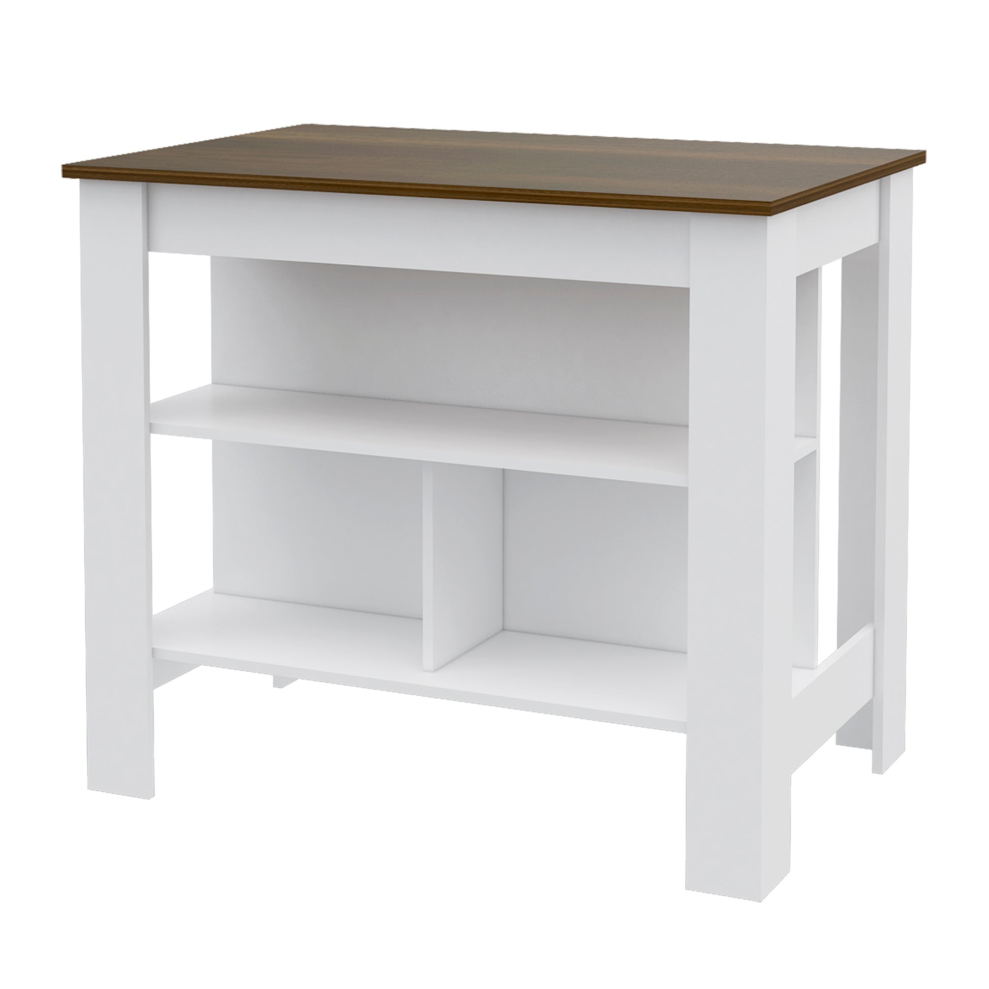 White kitchen island cart with brown wood top and two shelves