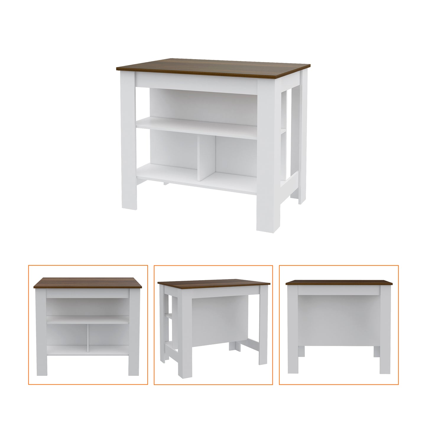 White and dark wood kitchen island with two open shelves