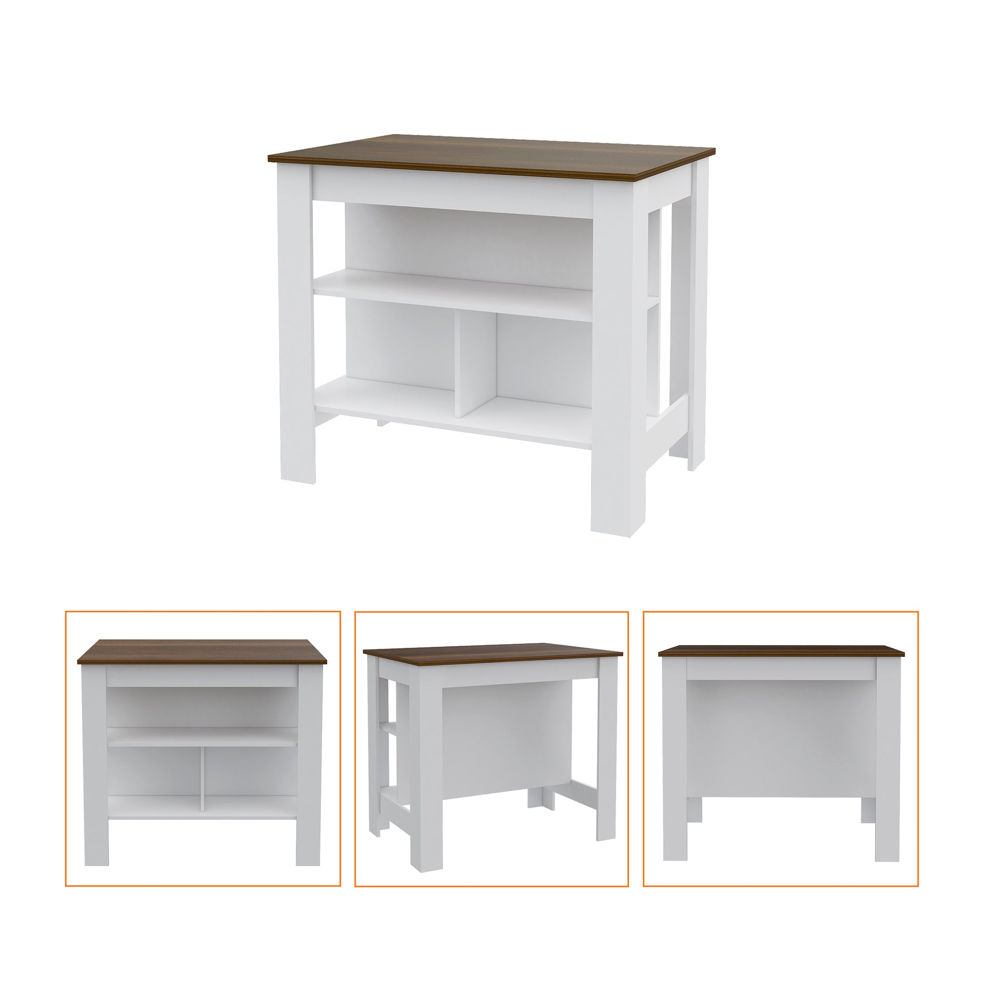 White and dark wood kitchen island with two open shelves