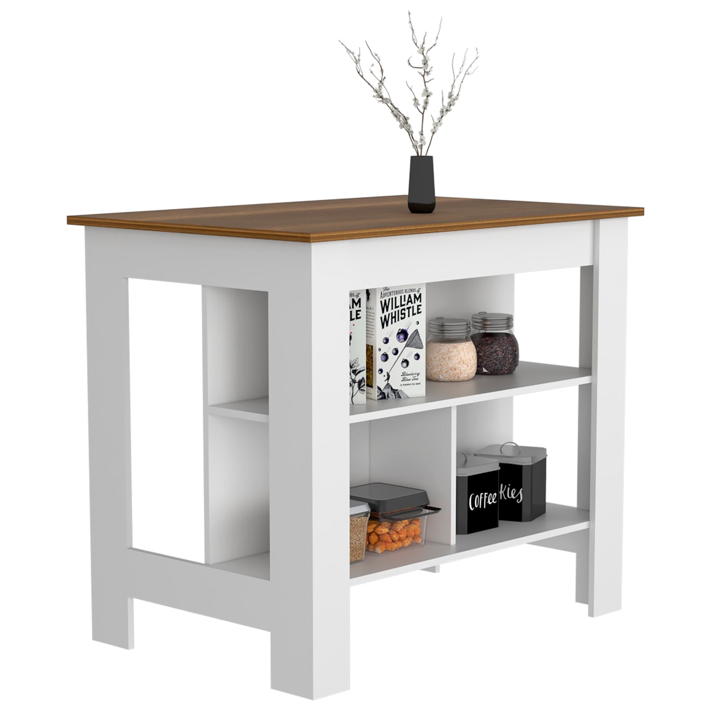 White kitchen island with wood top